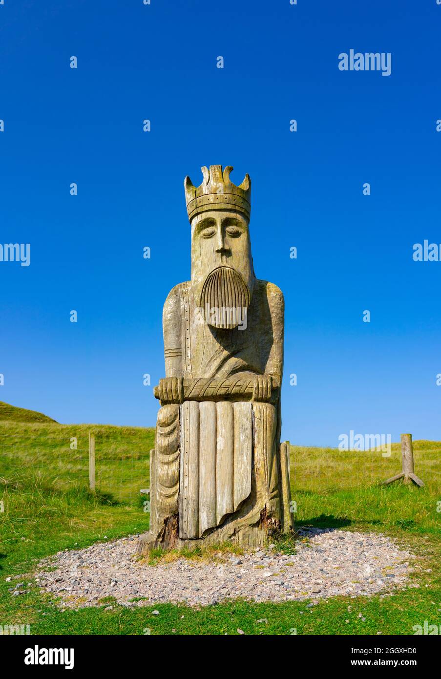 Große Holzskulptur von Lewis Chessman am Ardroil Beach, Uig Sands, Isle of Lewis, Äußere Hebriden, Schottland, VEREINIGTES KÖNIGREICH Stockfoto