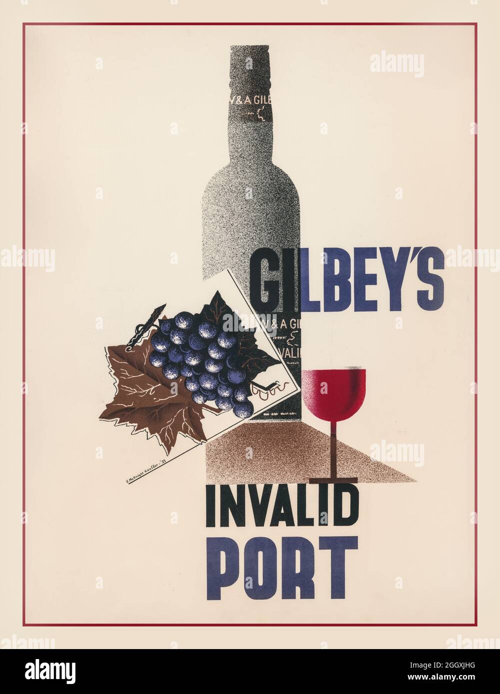 1930er Poster Lithograph Kauffer, E. McKnight (Edward McKnight), 1890-1954, Künstler Erstellungsdatum: [London] : W. & A. Gilbey Ltd., [1933]. Medium: 1 Print : Lithographie ;(Posterformat) das Poster zeigt eine Flasche Portwein, ein Glas Portwein und ein paar Trauben. Der Londoner Weinhändler Gilbey's hatte eine Marke entwickelt, die als Gilbey's Invalid Port bekannt war und für die er belebende und stärkende Eigenschaften beanspruchte. ... Der Wein wurde von Croft geliefert, im Fass geliefert und von Gilbey's in London abgefüllt. Stockfoto