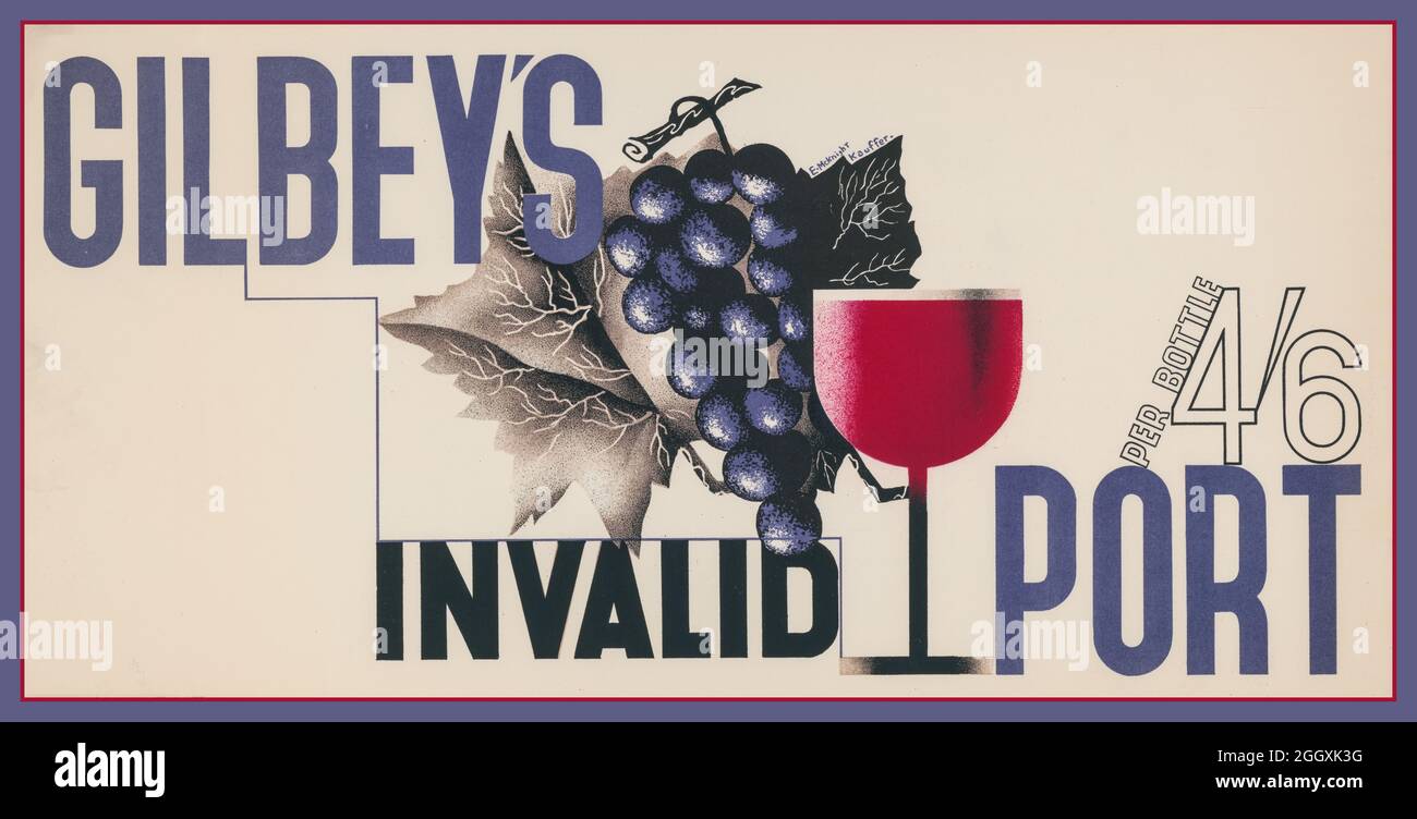 Archive 1930er Jahre Gilbey's ungültiger Port : 4/6 pro Flasche. Urheber: Kauffer, E. McKnight (Edward McKnight), 1890-1954, Künstler Erstellungsdatum: [London] : W. & A. Gilbey Ltd., [1933]. Medium: 1 Print : Lithographie ; (Posterformat) Lithographie Poster zeigt ein Glas Portwein, Trauben und ein Traubenblatt. Der Londoner Weinhändler Gilbey's hatte eine Marke entwickelt, die als Gilbey's Invalid Port bekannt war und für die er belebende und stärkende Eigenschaften beanspruchte. ... Der Wein wurde von Croft geliefert, im Fass geliefert und von Gilbey's in London abgefüllt. Stockfoto