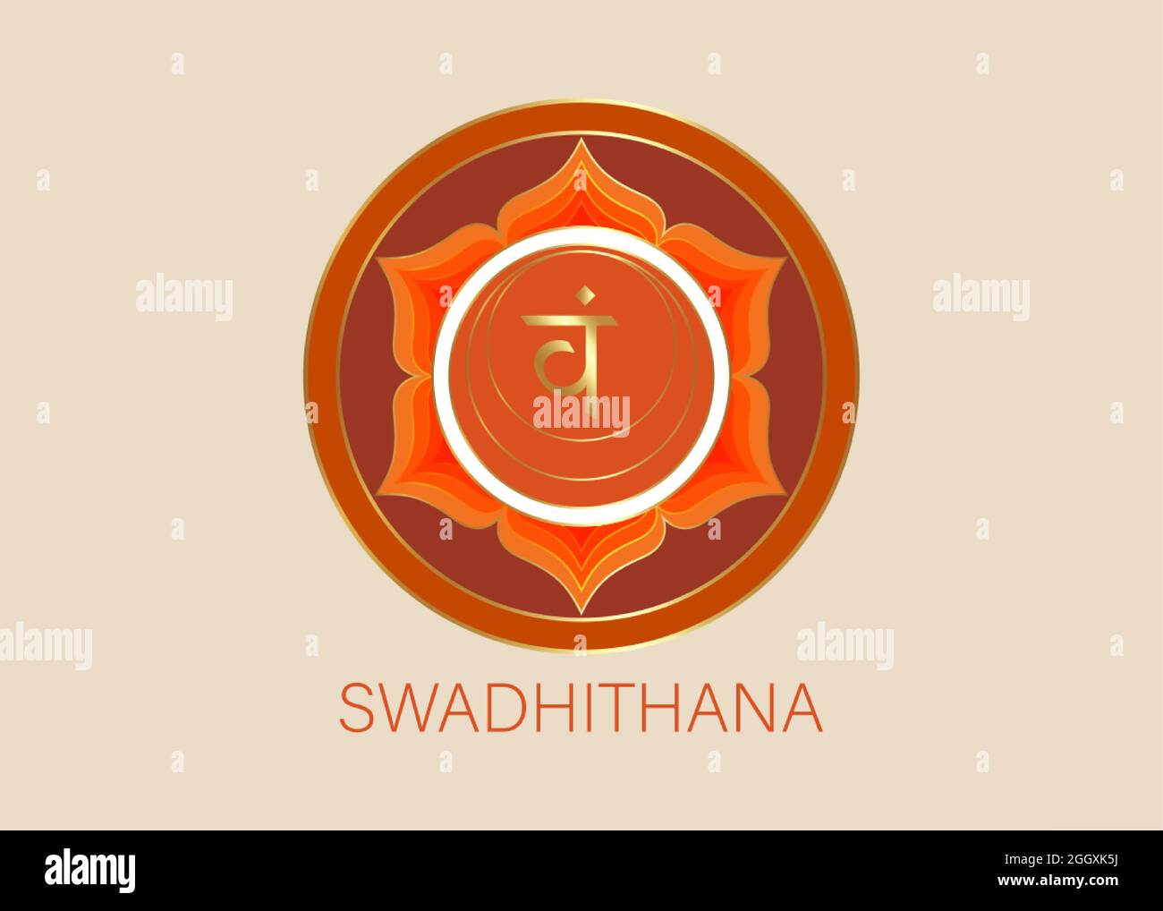 Zweites Swadhisthana-Chakra mit dem Hindu-Sanskrit-Samenmantra VAM. Orange ist ein flaches Design Stil Symbol für Meditation, Yoga. Round Logo-Vorlage Stock Vektor
