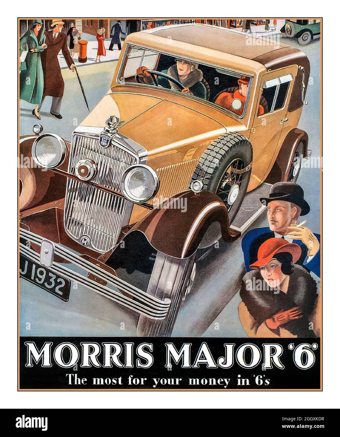 MORRIS 1930er British Motorcar Vintage 1932 Presse Werbung Plakat für den britischen Morris Major 6 zwei Türen 'das Beste für Ihr Geld in 6er' Stockfoto