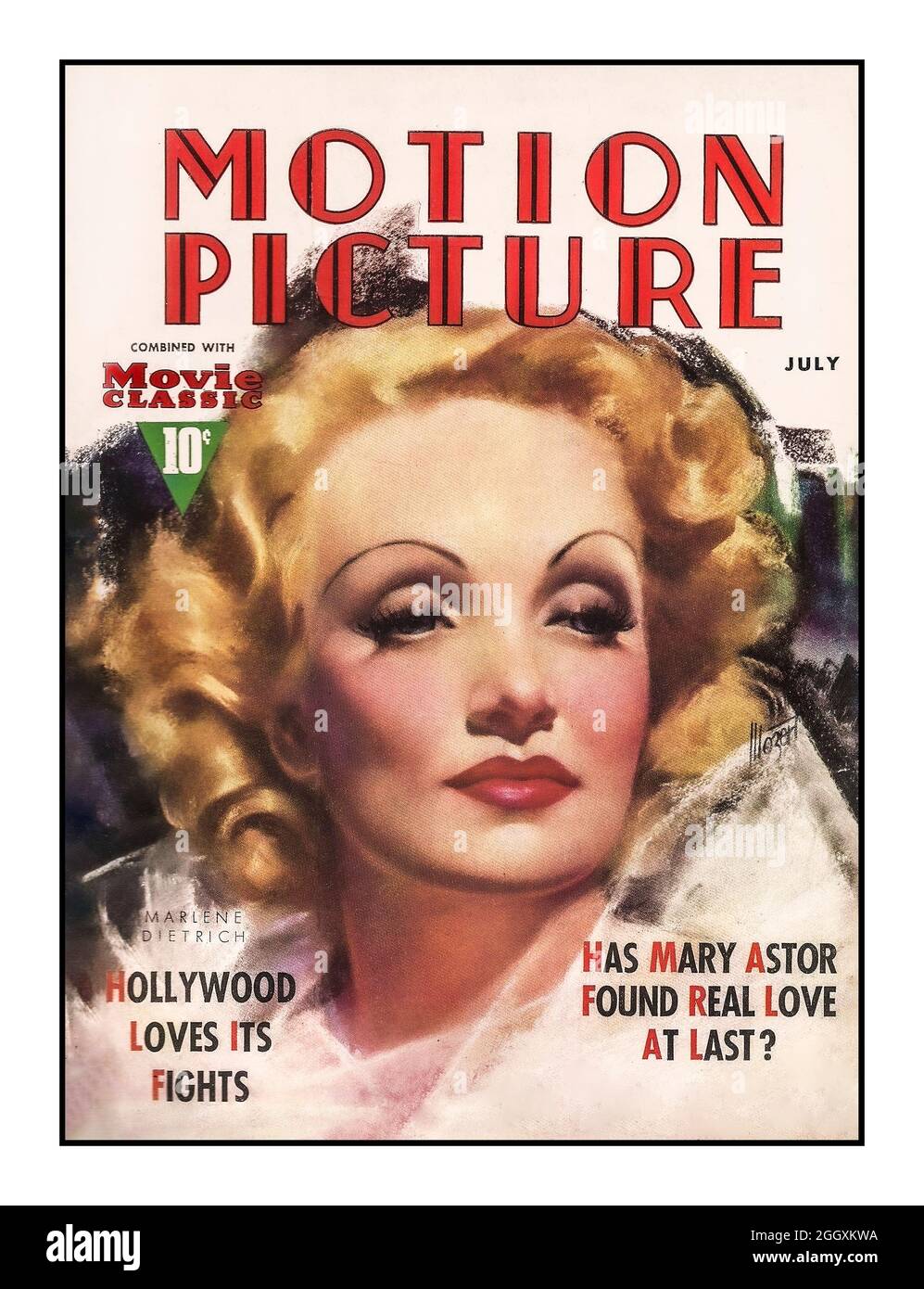 Marlene Dietrich Vintage 1937 Movie Magazine 'Motion Picture' kombiniert mit Movie Classic zu einem Preis von 10 Cent mit Marlene Dietrichs berühmter Femme Fatale-Filmstar auf dem Frontcover. Stockfoto