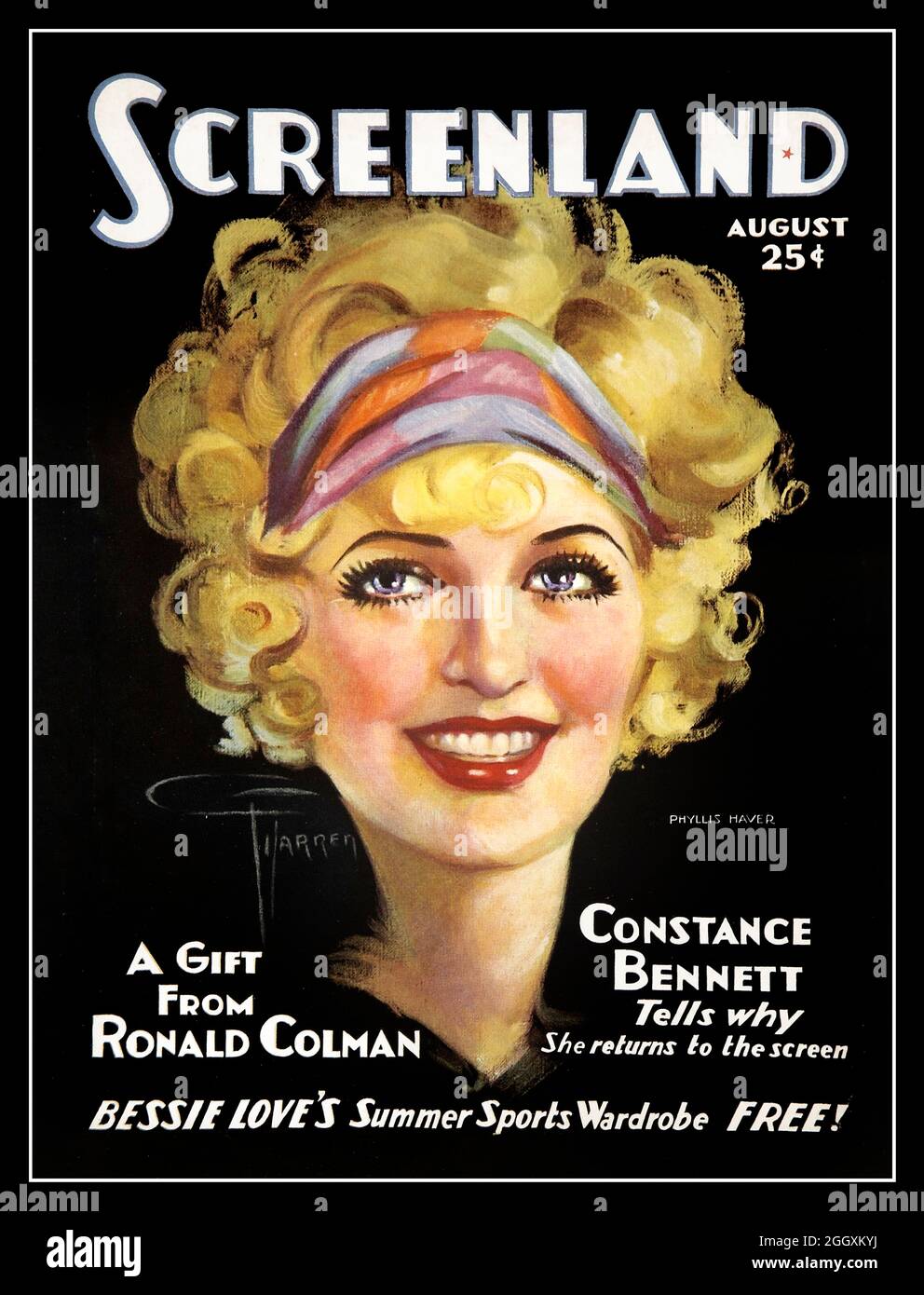 Phyllis Maude Haver (* 6. Januar 1899 bis 19. November 1960) war eine US-amerikanische Schauspielerin der Stummfilmzeit. Auf der Vorderseite des beliebten Filmmagazins "SCREENLAND" 1916 Stockfoto