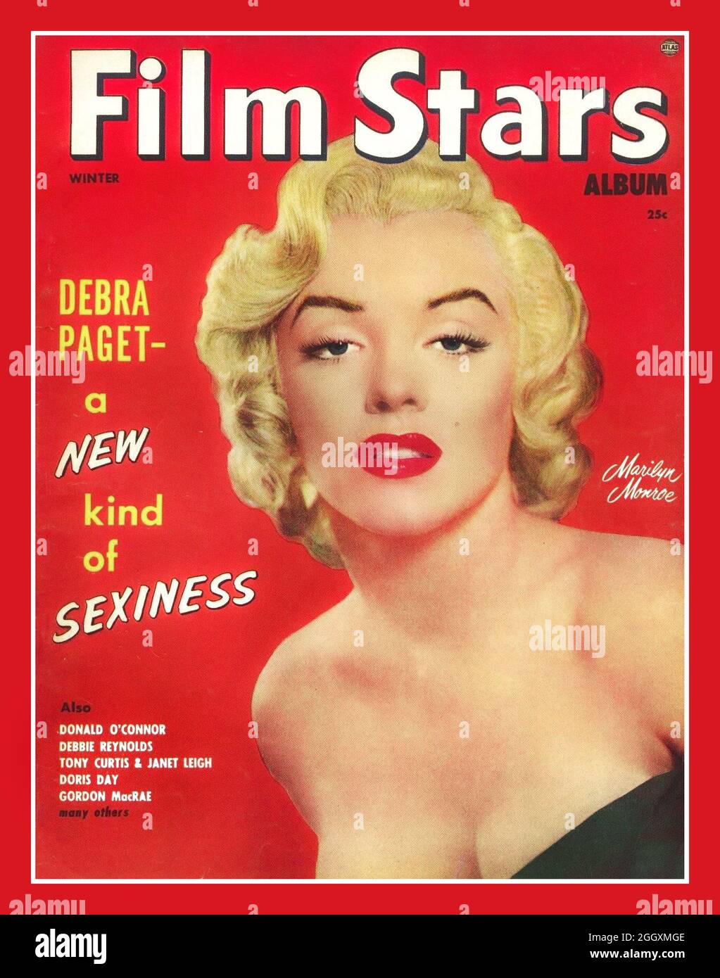 MARILYN MONROE in den 50er Jahren IST EIN FILMSTAR des „Movie Magazine“-Albums mit Marilyn Monroe auf dem Frontcover. Fanmagazine gaben dem Publikum eine Möglichkeit, die Magie der Filme jenseits des Kinos zu erleben.die Magazine gaben den Produzenten auch eine Möglichkeit, ihre Stars und kommenden Filme zu promoten Stockfoto