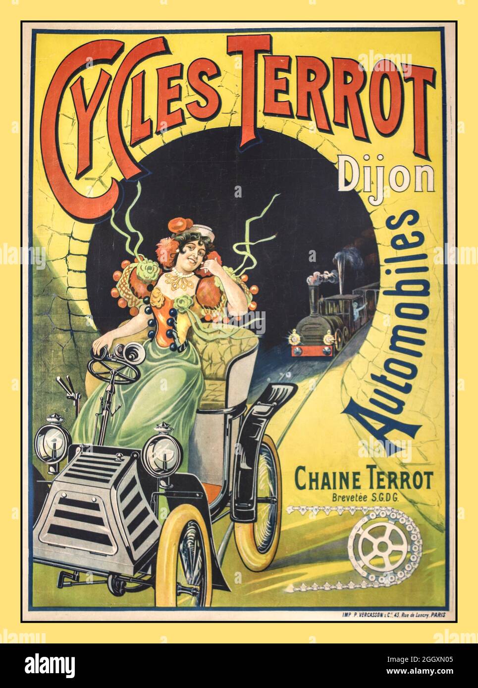 Französisches Plakat des Jahrgangs 1900 ‘Cycles Terrot Dijon Automobiles’mit Chaine Terrot Lithographisches Plakat gedruckt von: P. Vercasson & Cie., 43, Rue de Lancry, Paris Frankreich datiert: ca. 1900 Stockfoto