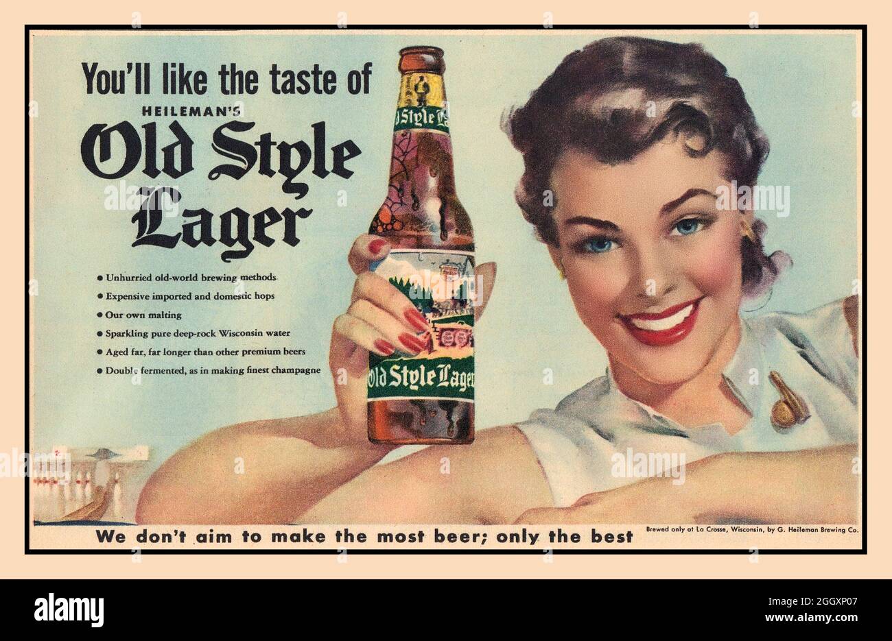 Vintage 1940er/50er Jahre Werbung für Heileman's Old Style Lager: "Wir wollen nicht das meiste Bier machen, nur das Beste. ' La Crosse Wisconsin USA die G. Heileman Brewing Company aus La Crosse, Wisconsin, USA, war ein Brauereiunternehmen, das von 1858 bis 1996 betrieben wurde. Es wurde schließlich von Stroh's erworben, und seine unabhängige Existenz aufgehört. Von 1872 bis zum Erwerb trug die Brauerei den Familiennamen ihres Mitgründers und Brauers Gottlieb Heileman. Amerika USA Stockfoto