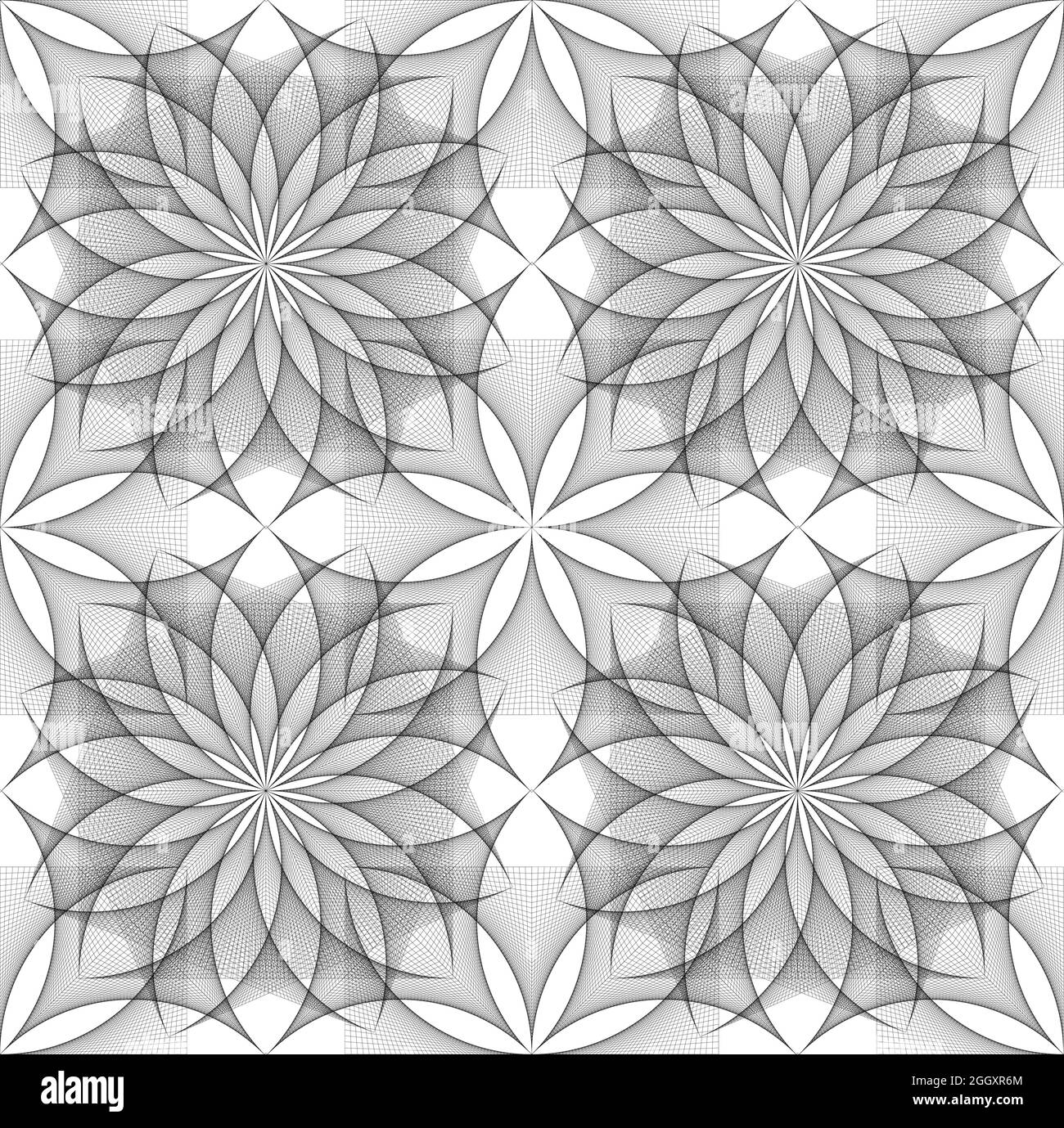 Nahtlose Blume des Lebens Symbol, quadratische Vorlage, geometrisches Drahtmodell Heilige Lotusblume, Fadenkunst, florale Heilige Geometrie in String schwarzen Linienraster Stock Vektor