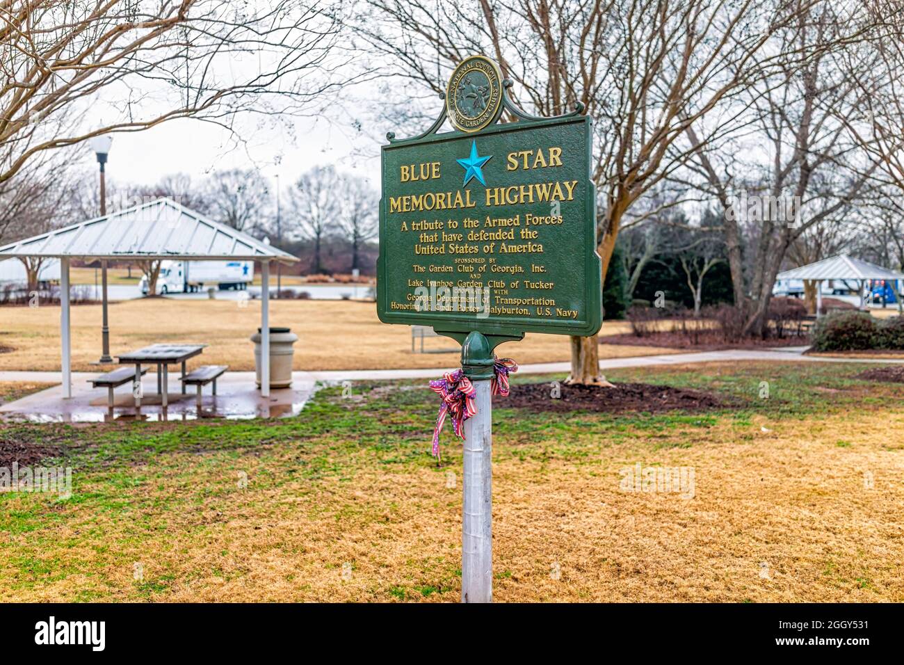Lavonia, USA - 8. Januar 2021: Schild am Georgia Welcome Centre vom SC am Visitor Centre Rastplatz im Winter für Blue Star Memorial Highway Stockfoto
