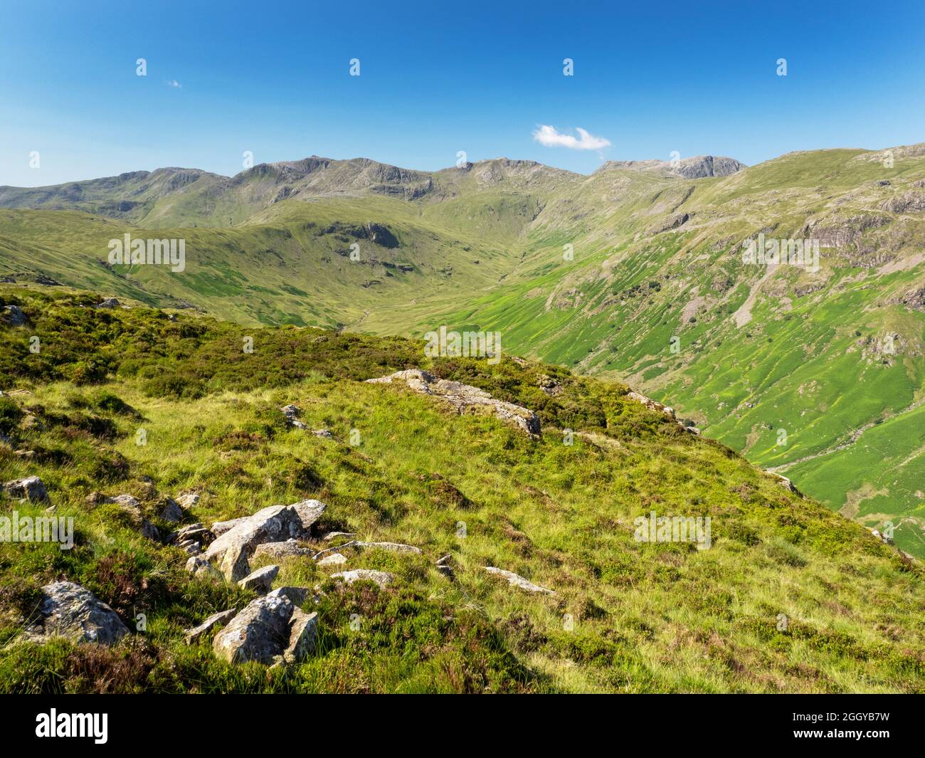 Blick auf Langstrath in Richtung Bow fiel von Eagle Crag in Borrowdale, Lake District, Großbritannien. Stockfoto