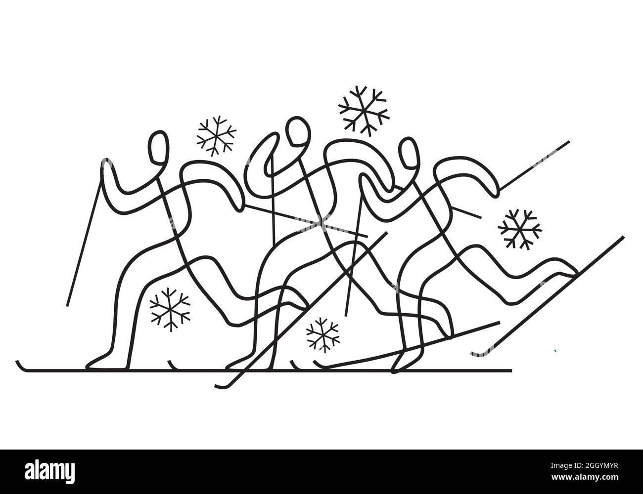 Skilanglauf. Dekorative Illustration der nordischen Skikonkurrenten. Design der kontinuierlichen Linienzeichnung. Vektor verfügbar. Stock Vektor