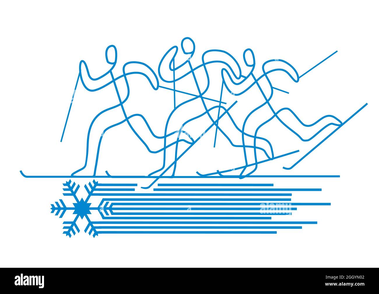 Langläufer mit Schneeflocken-Symbol. Dekorative Illustration der nordischen Skikonkurrenten. Design der kontinuierlichen Linienzeichnung. Vektor verfügbar. Stock Vektor