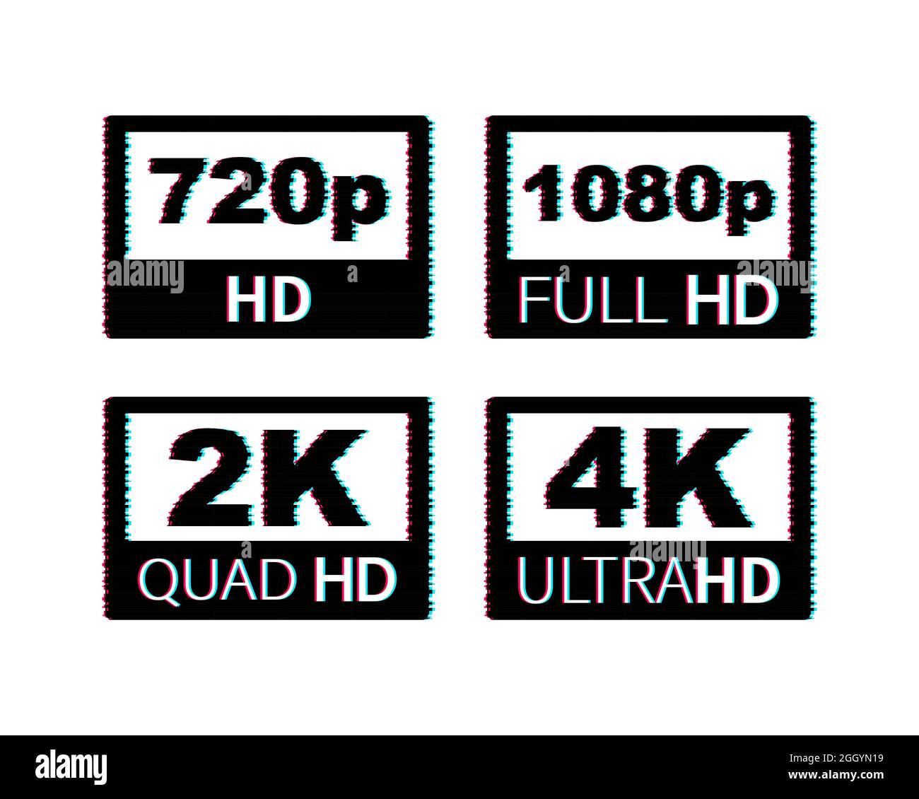 Beschriftungen für Videodimensionen. Videoauflösung 720, 1080, 2k, 4k, Abzeichen. Glitch-Symbol. Vektorgrafik. Stock Vektor