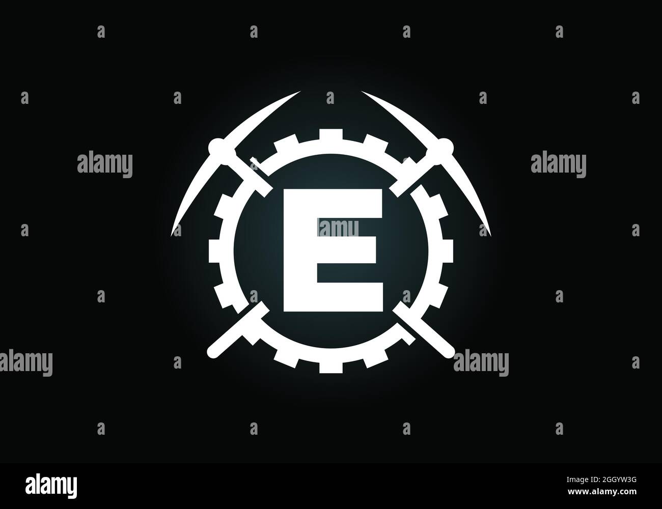 Anfängliches E-Monogramm-Alphabet mit Spitzhacke und Zahnradzeichen. Design-Konzept für das Mining-Logo. Modernes Vektorlogo für Bergbauunternehmen und Firmenidentität Stock Vektor