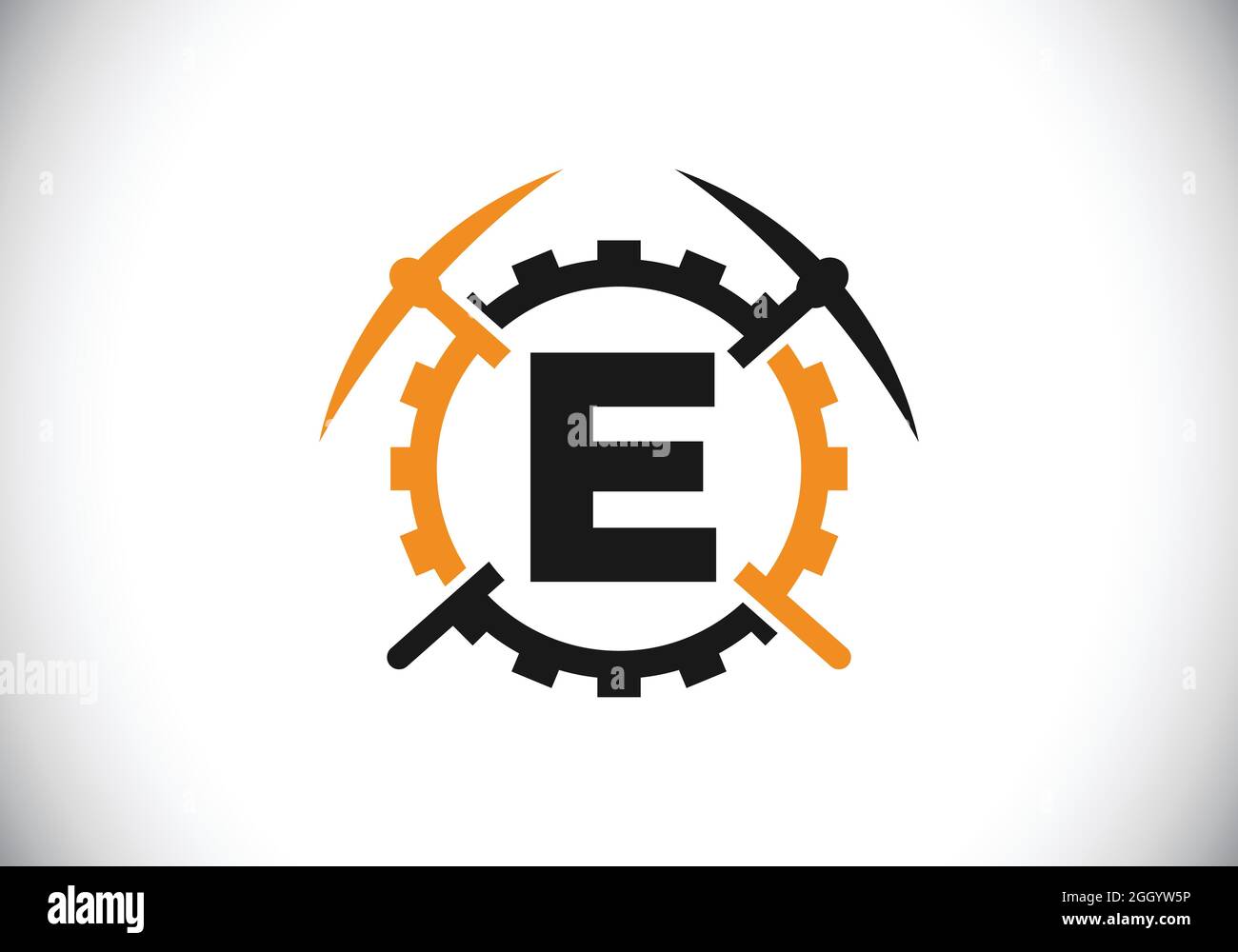 Anfängliches E-Monogramm-Alphabet mit Spitzhacke und Zahnradzeichen. Design-Konzept für das Mining-Logo. Modernes Vektorlogo für Bergbauunternehmen und Firmenidentität Stock Vektor