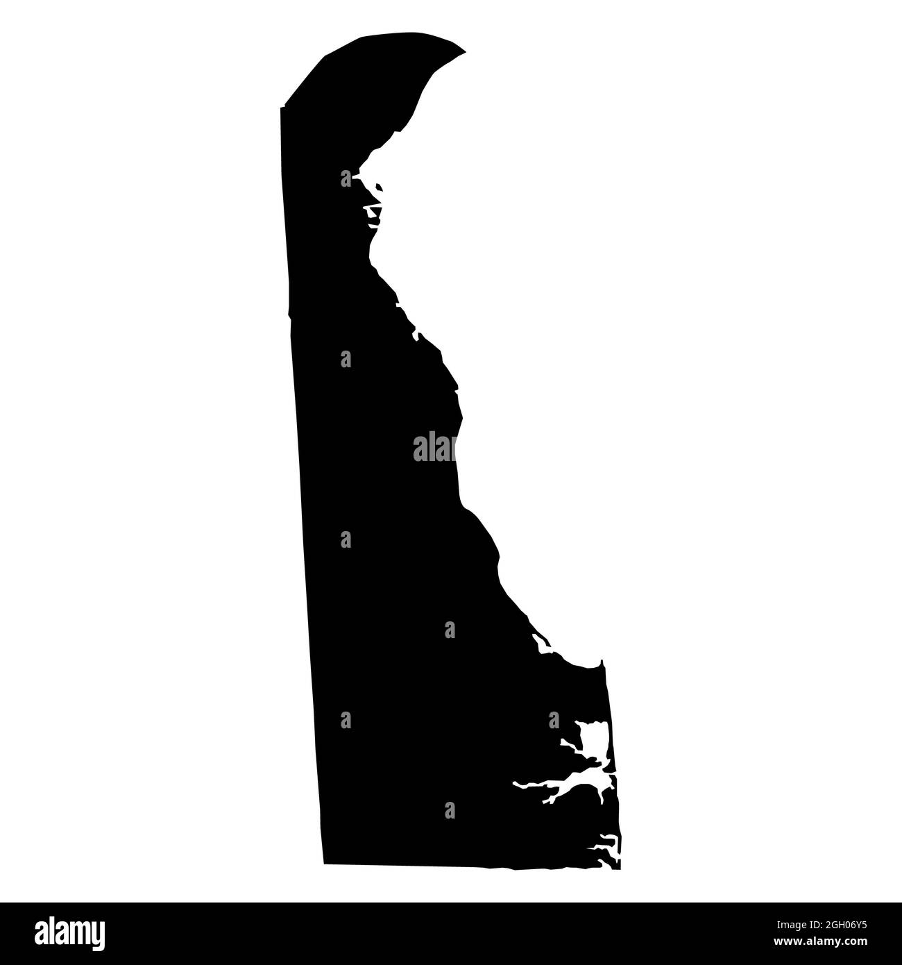 Schwarze Karte des Staates delaware auf weißem Hintergrund. Hohe detaillierte Vektorkarte des US-Bundesstaates Delaware. Flacher Stil. Stockfoto