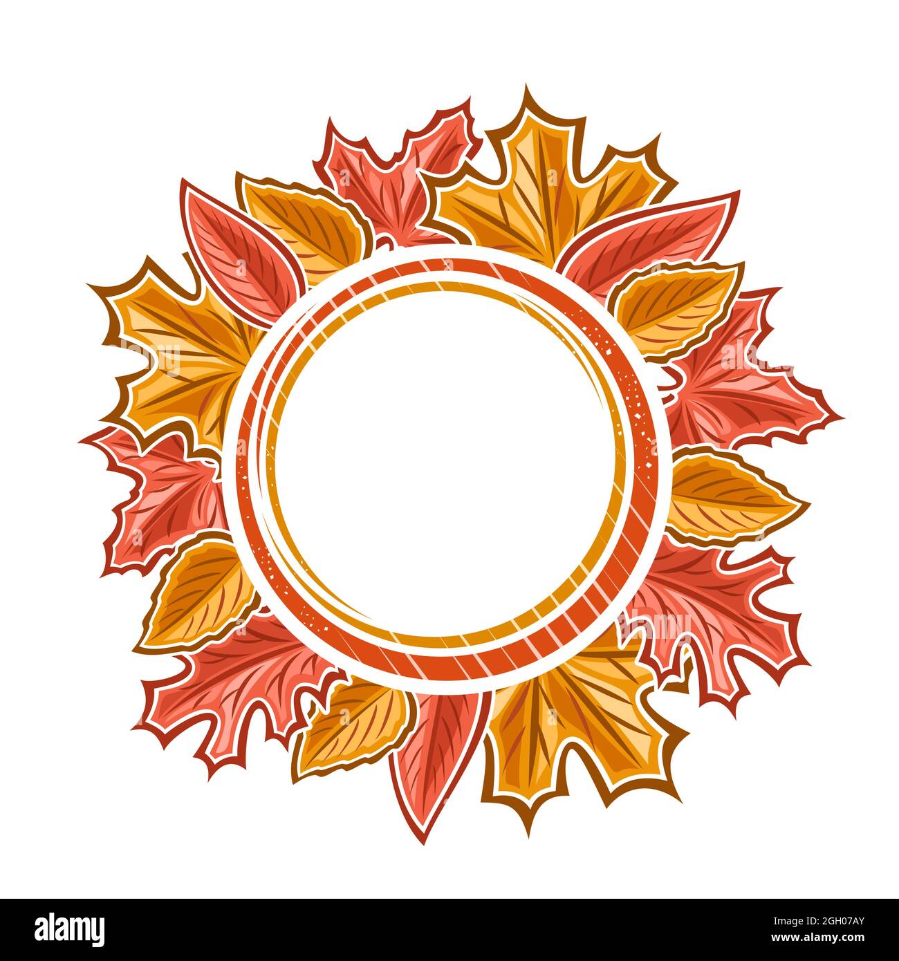 Vektor Herbstblätter Rahmen mit weißem Kopierraum, Kreis Vorlage mit Abbildung von verschiedenen bunten Herbstblättern für Herbst Werbeangebot. Stock Vektor