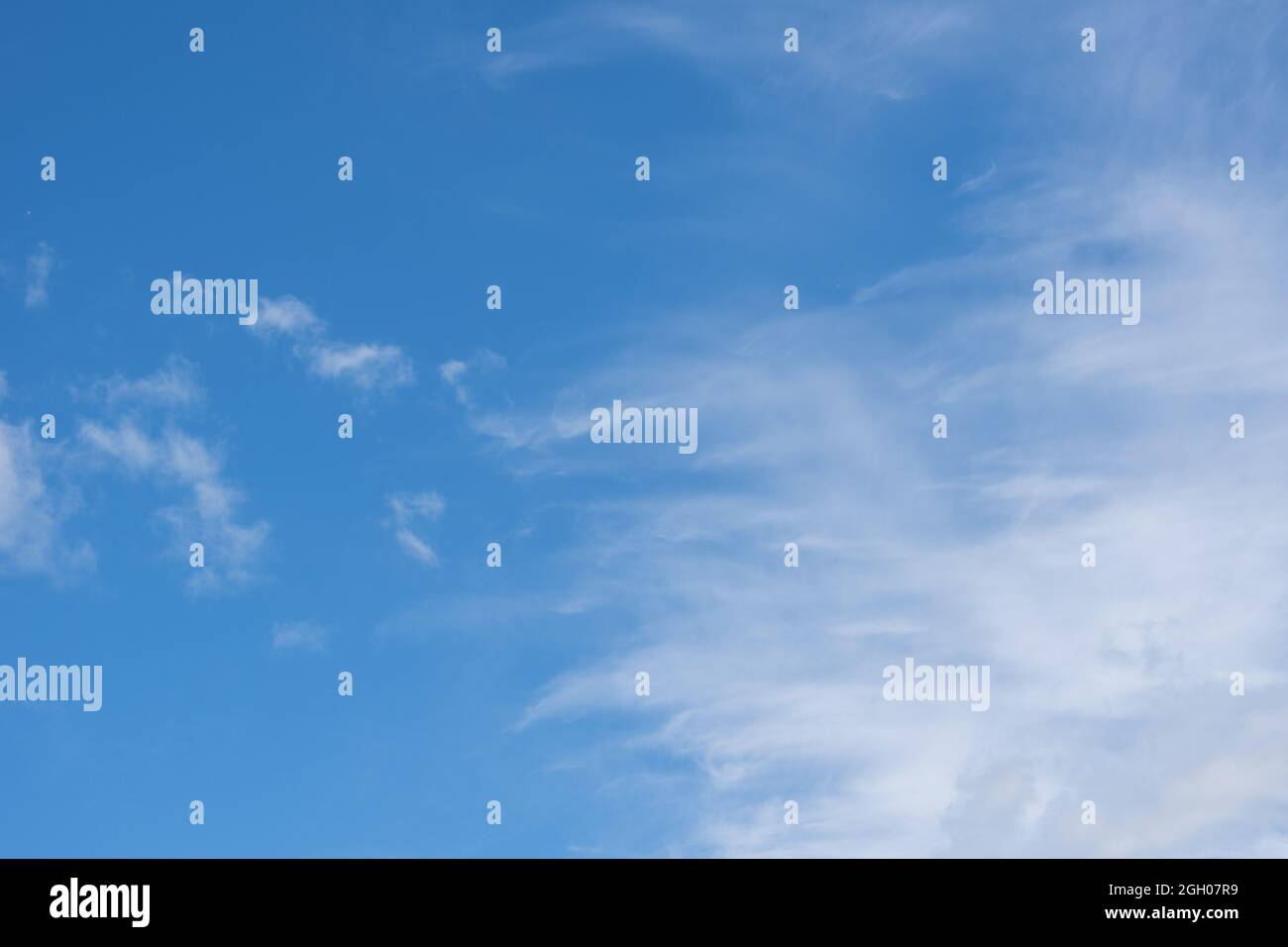 Wunderschöne Zirruswolken am blauen Morgenhimmel. Hintergrund des blauen Himmels und weißen Zirruswolken im Sommer für Ihre Fotos, Nachbau für Design. Stockfoto