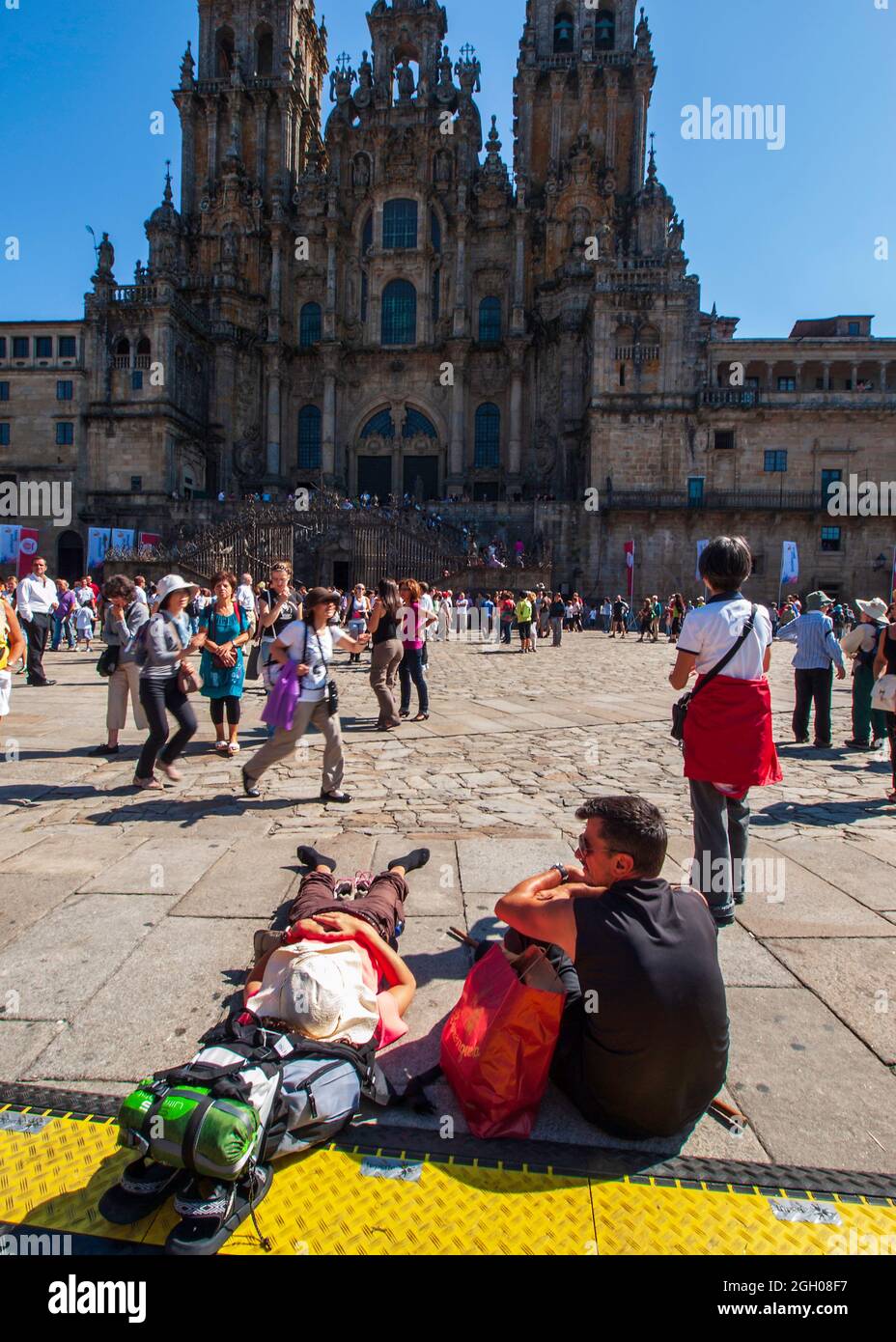 Santiago de Compostela, Galicien, Spanien. 09/05/2010 am Ende des Jakobswegs versammeln sich Pilger aus allen Richtungen zu Fuß und mit dem Fahrrad Stockfoto