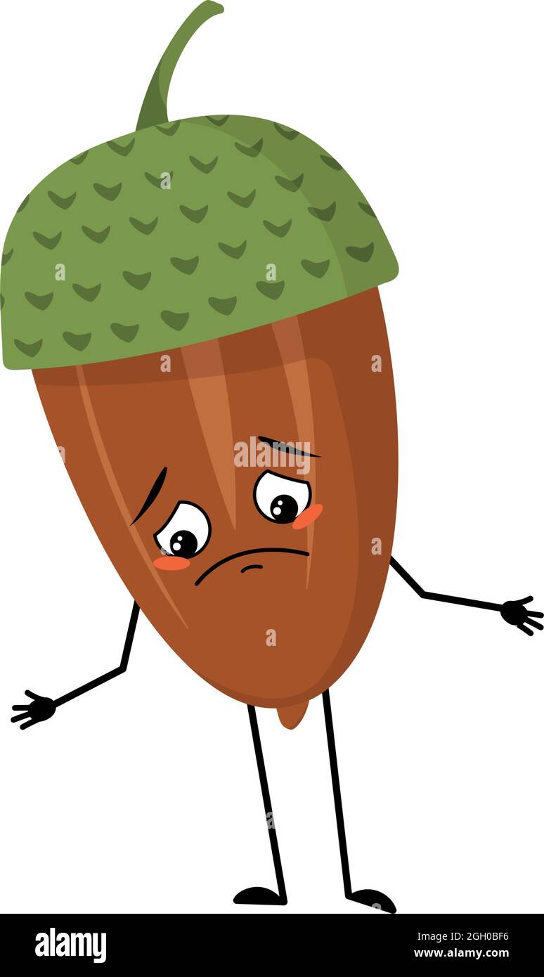 Charakterakorn mit traurigen Emotionen, depressiven Gesicht, Augen, Armen und Beinen. Melanterische Waldpflanze, Herbstnuss Stock Vektor