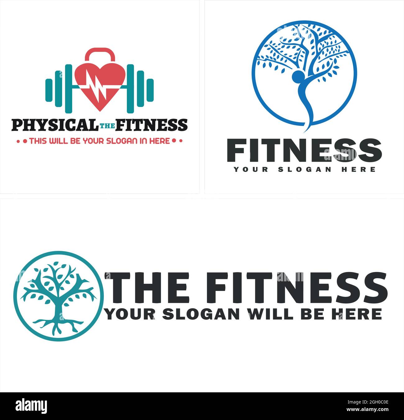 Körperliche Fitness-Langhantel und menschliches Figurenbaum-Logo-Design Stock Vektor