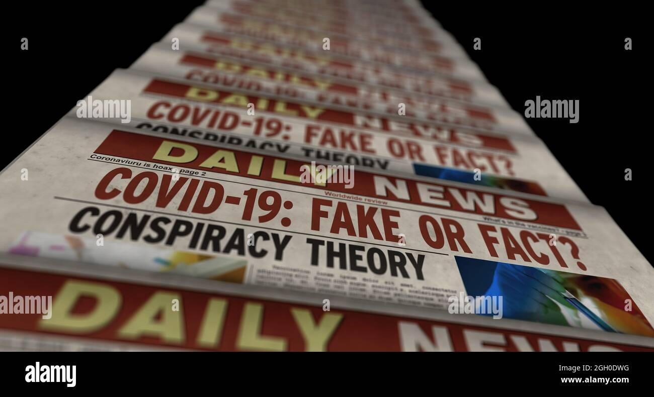 Covid-19 pandemische Nachrichten, Fake or Fact. Zeitungsdruck. Abstraktes Konzept der Vintage-Presse. Retro-3d-Rendering-Illustration. Stockfoto