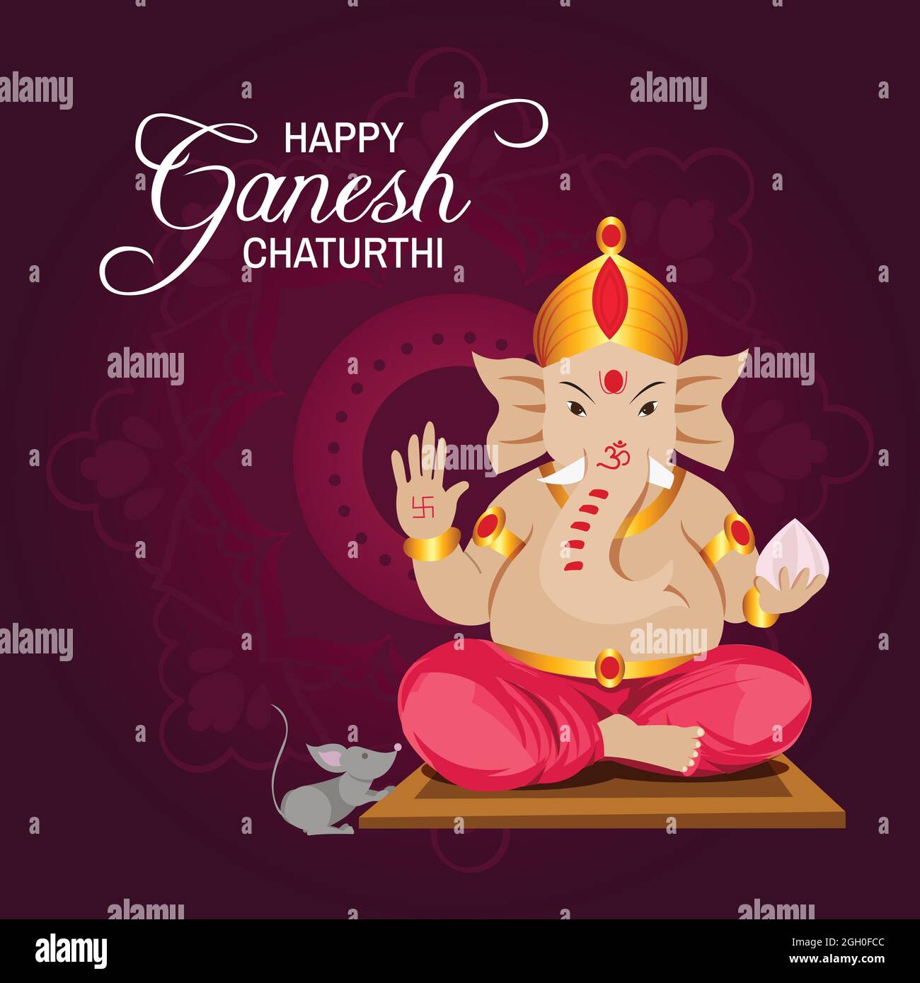 Im Plakat segnet gott Ganesh den Menschen. Attraktiver Hintergrund. Maus-Cartoon. Stock Vektor