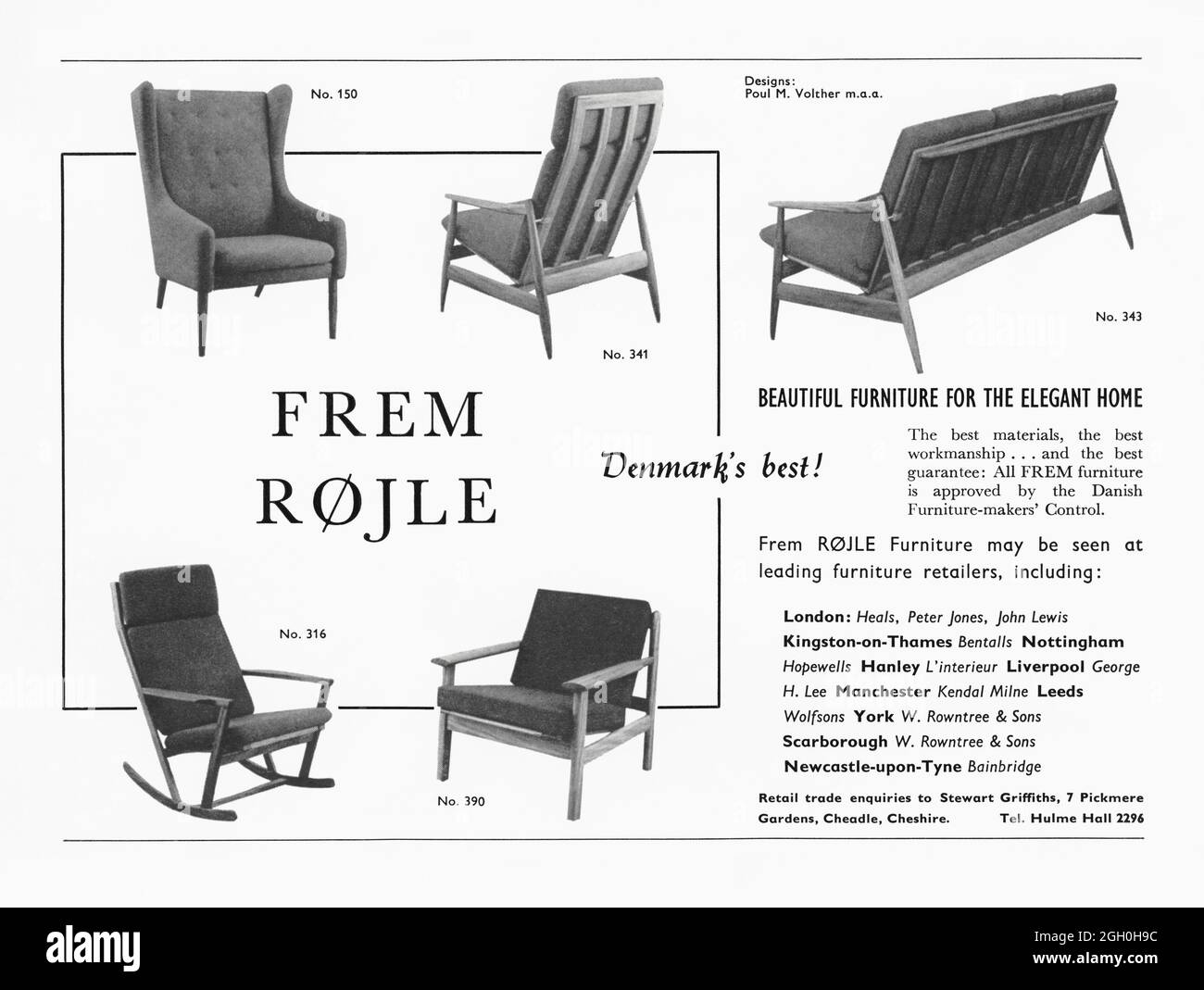 Eine Anzeige aus den 1960er Jahren für stilvolle Möbel aus Røjle aus Dänemark aus der Mitte des Jahrhunderts – erhältlich bei verschiedenen Einzelhändlern in Großbritannien. Die Anzeige erschien in einer Zeitschrift, die im Oktober 1962 in Großbritannien veröffentlicht wurde. Die Stühle wurden von Poul Volther entworfen. Frem Røjle war ein dänischer Möbelhersteller. Das Unternehmen, das sich auf hochwertige Möbel spezialisiert hat, war einer der bekanntesten Designer, der für Frem Røjle arbeitete und entwarf, der dänische Designer Hans Olsen. Poul M Volther (1923–2001) war ein dänischer Möbeldesigner, der vor allem für seinen ikonischen Corona Chair bekannt ist – Vintage-Grafiken aus den 1960er Jahren. Stockfoto