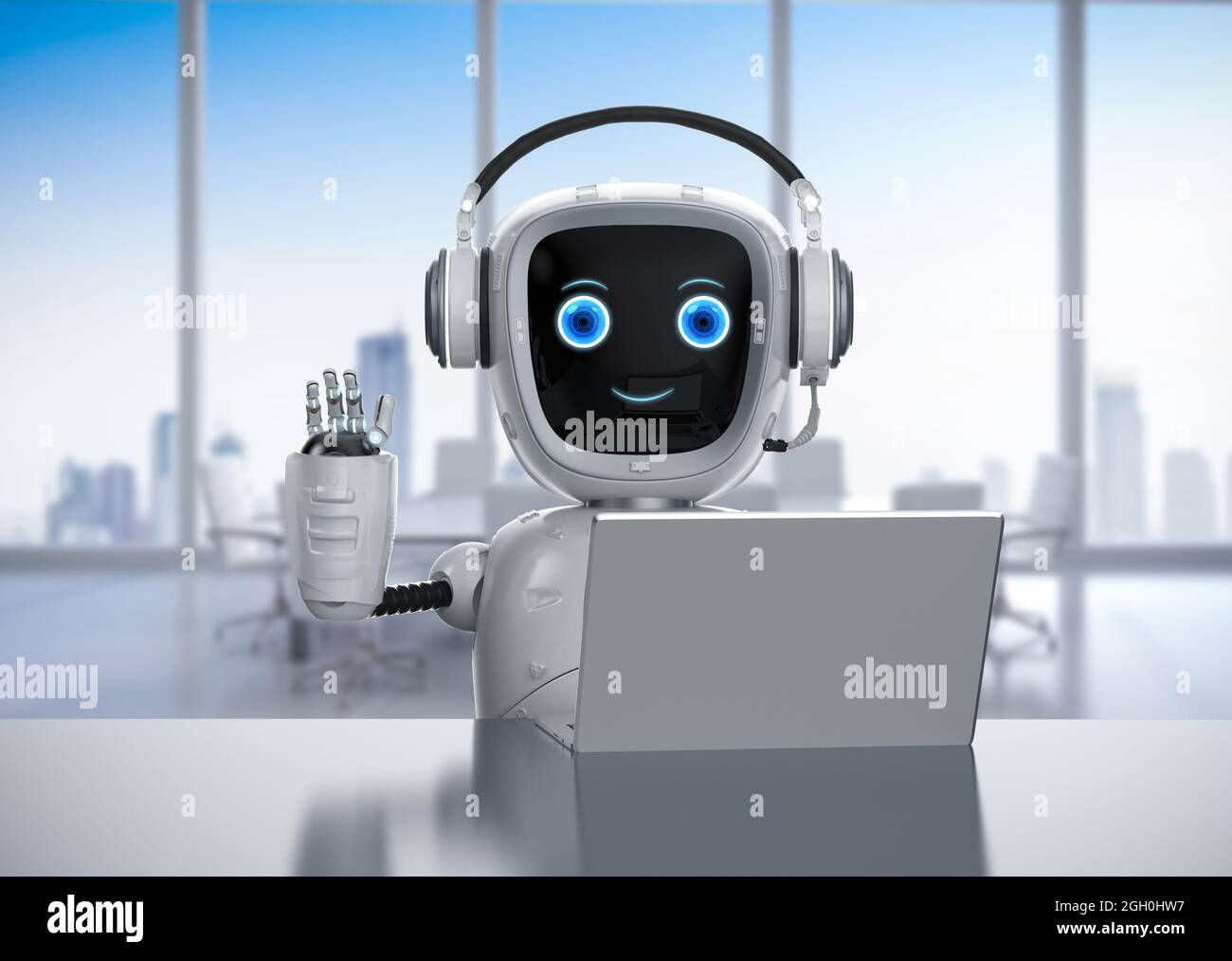 Büromitarbeiter mit 3D-Rendering-Roboter-Assistent übergibt zur Begrüßung Stockfoto