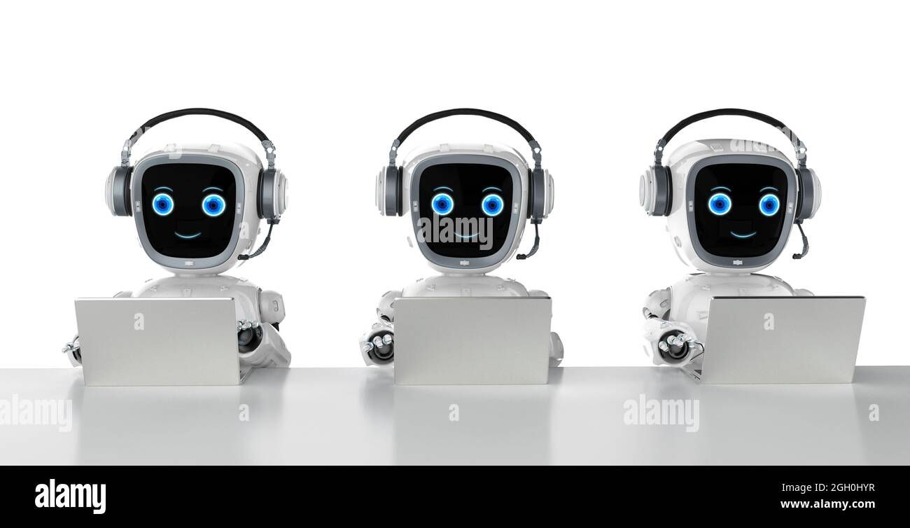 Automatisierung Büroangestellte mit 3d-Rendering-Gruppe von Roboterassistenten arbeiten mit Computer-Notebook Stockfoto