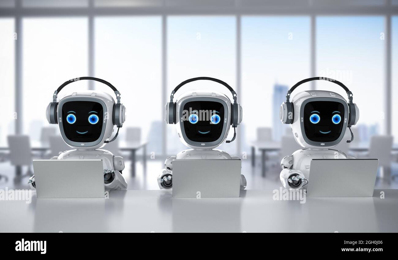 Automatisierung Büroangestellte mit 3d-Rendering-Gruppe von Roboterassistenten arbeiten mit Computer-Notebook Stockfoto