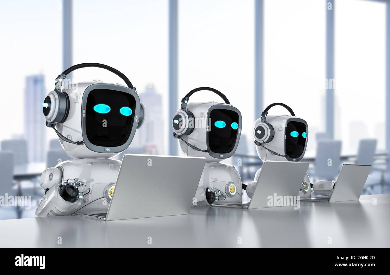 Automatisierung Büroangestellte mit 3d-Rendering-Gruppe von Roboterassistenten arbeiten mit Computer-Notebook Stockfoto