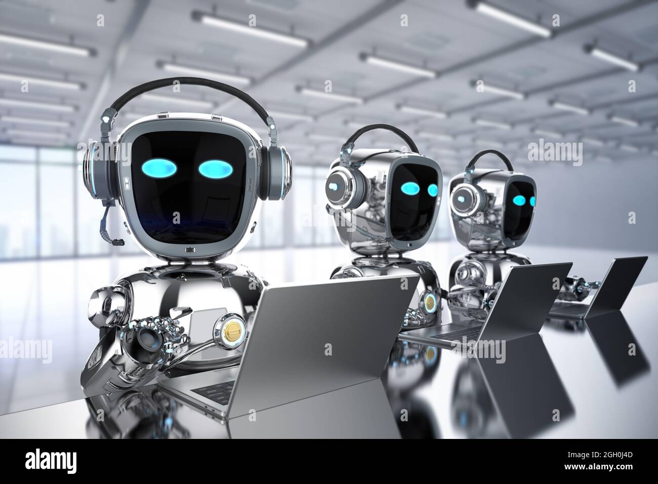 Automatisierung Büroangestellte mit 3d-Rendering-Gruppe von Roboterassistenten arbeiten mit Computer-Notebook Stockfoto