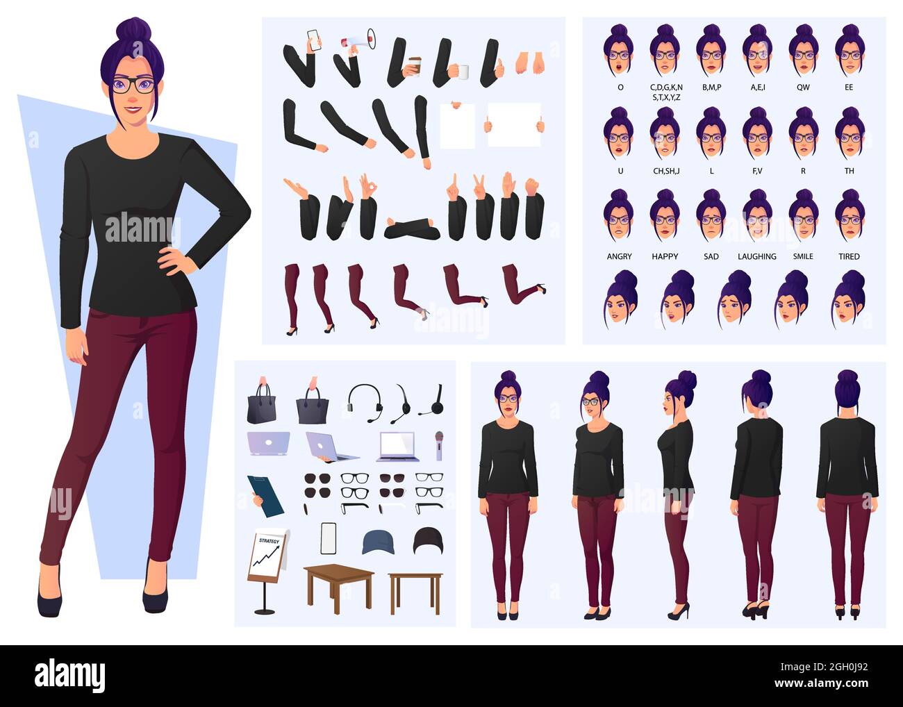 Fashion Woman Character Design Set, Vorderseite, Seite, Rückansicht, Posen, Und Gesten Flat Design Illustration Stock Vektor