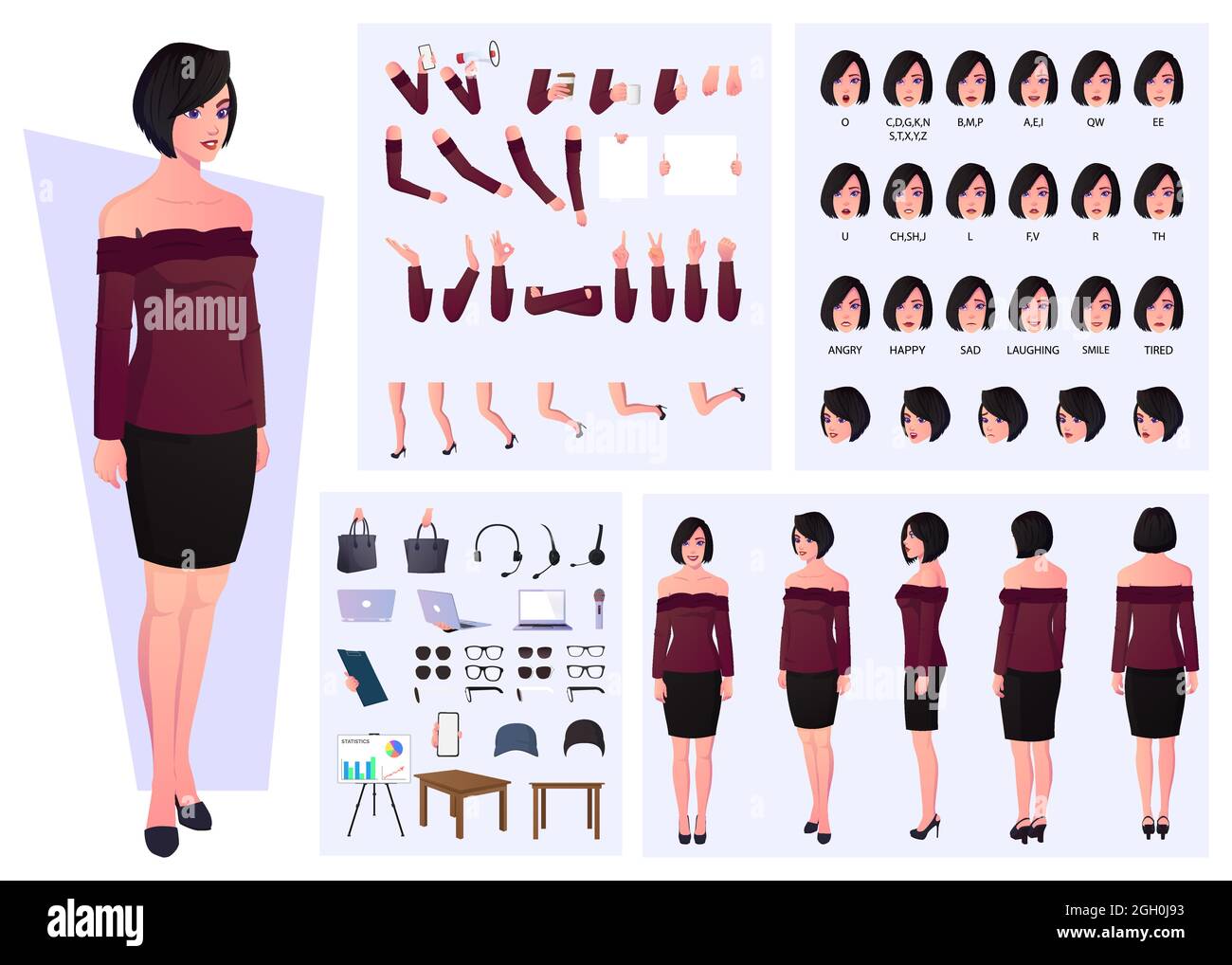 Casual Woman Character Set mit Emotionen, Ausdrücken, Gesten und Lip Sync Design Stock Vektor