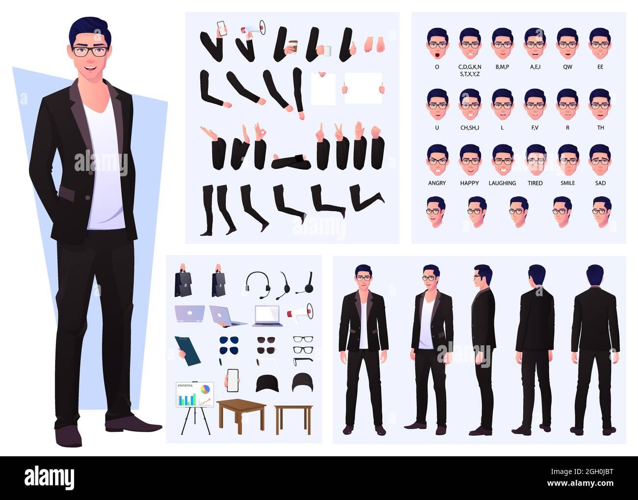 Charakterkonstrukteur mit Business man, der Anzug und Brille, Handgesten, Emotionen und Lip Sync Design trägt Stock Vektor