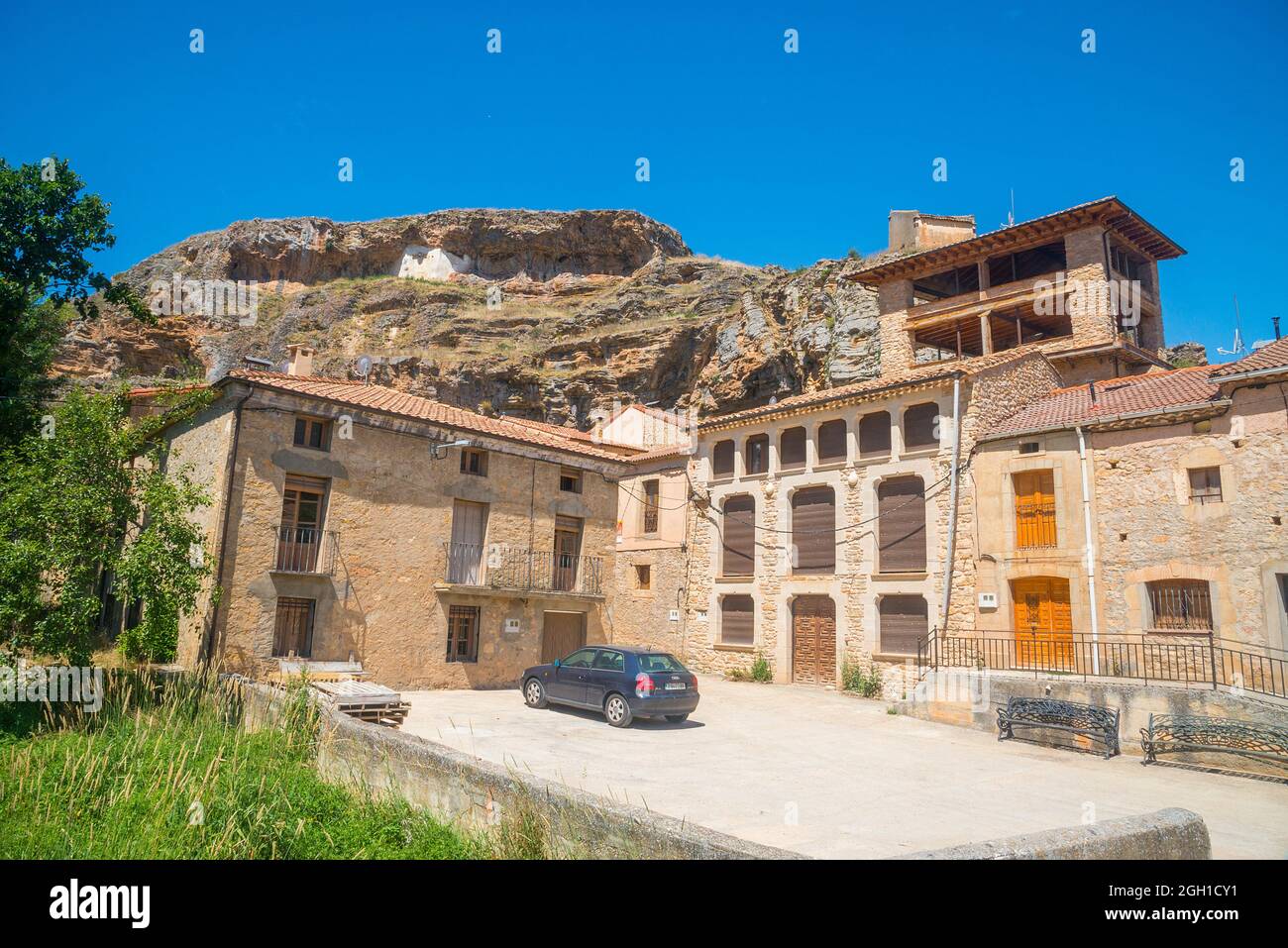 Unbewohnte Häuser. Lumias, Provinz Soria, Castilla Leon, Spanien. Stockfoto
