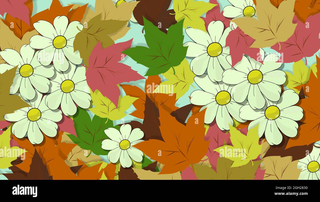 WEISSE DAISY UND BUNTE BLÄTTER TAPETE. Blumenzeichnung. Positives und fröhliches Bild. Banner voller Leben. HERBSTLICHE FARBPALETTE. Florales Design. Stockfoto