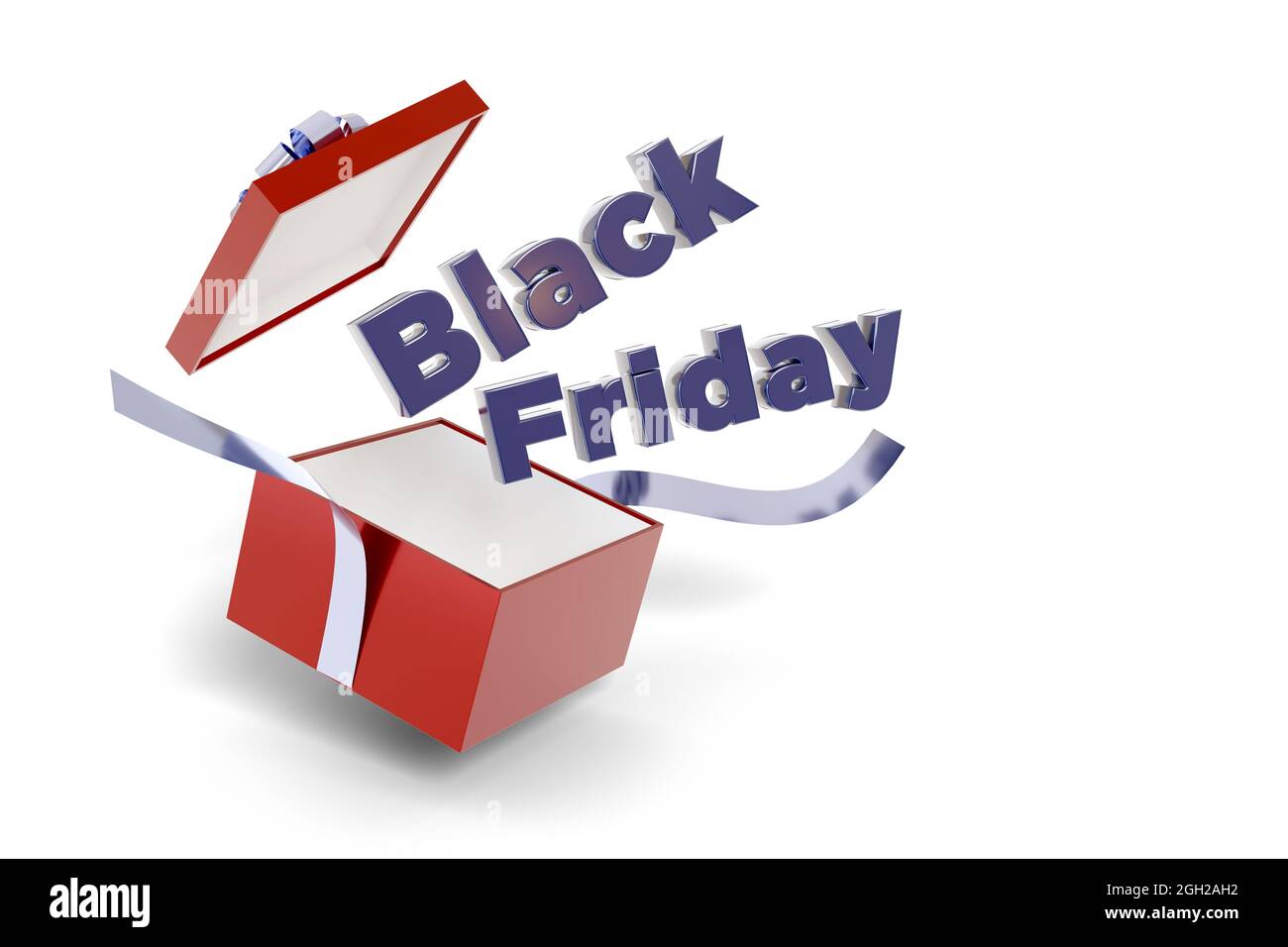 Schwarzer freitagstext aus einer Geschenkbox, isoliert auf weißem Hintergrund. 3d-Illustration. Stockfoto