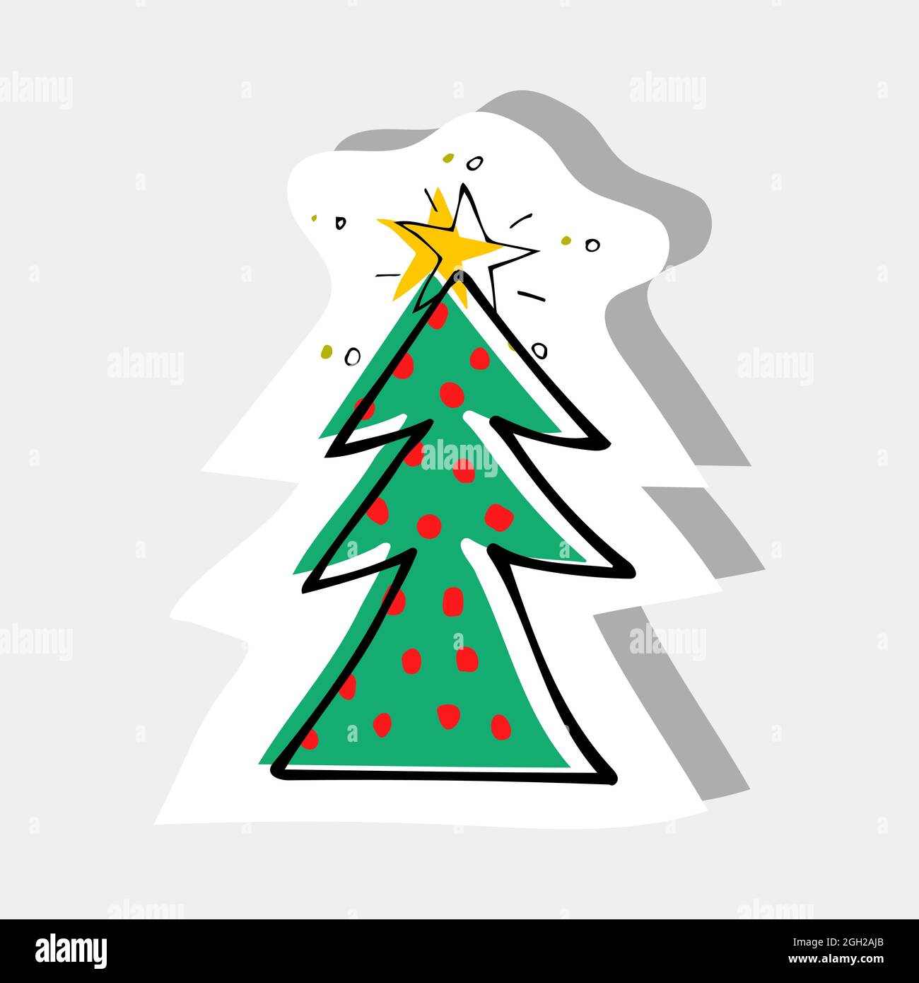 Handgezeichnete Illustrationen mit farbenfrohem Weihnachtsbaum, roten Kugeln und gelbem Stern. Stock Vektor