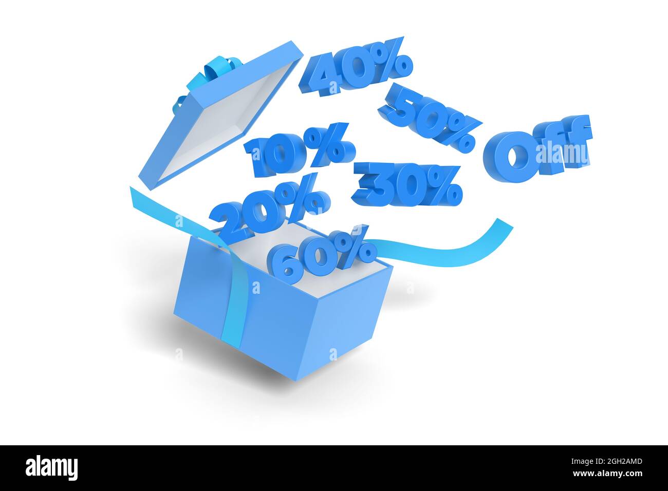 Rabatte kommen aus einer blauen Geschenkbox isoliert auf einem weißen Hintergrund. 3d-Illustration. Stockfoto