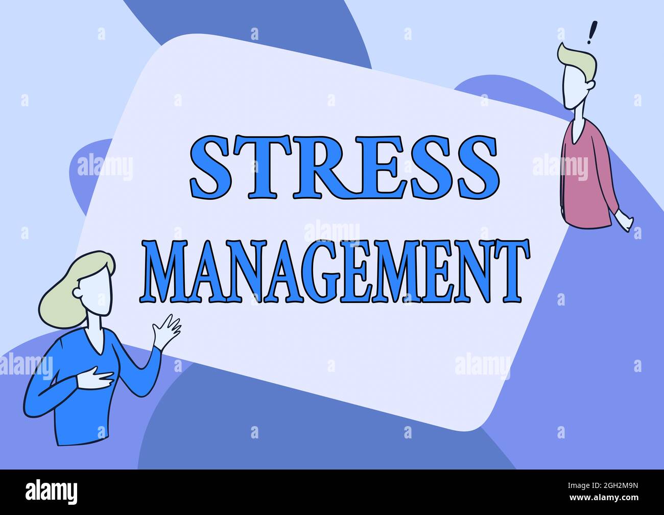Hand schreiben Zeichen Stress Management. Geschäftskonzept Lernen Möglichkeiten des Verhalten und Denkens, die Stress reduzieren Lady Illustration mit Exploratory Stockfoto
