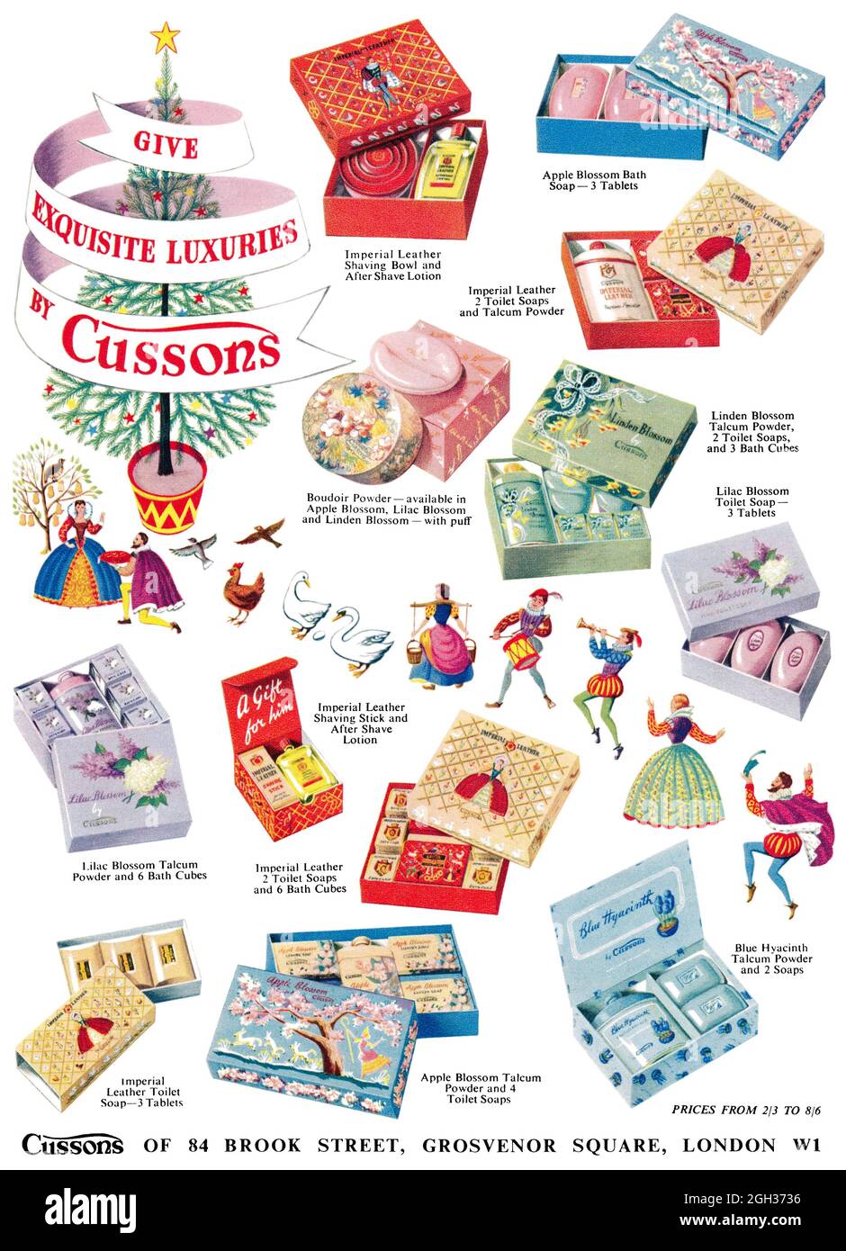 1955 Britische Weihnachtswerbung für Cussons Toilettenartikel Geschenkpakete. Stockfoto