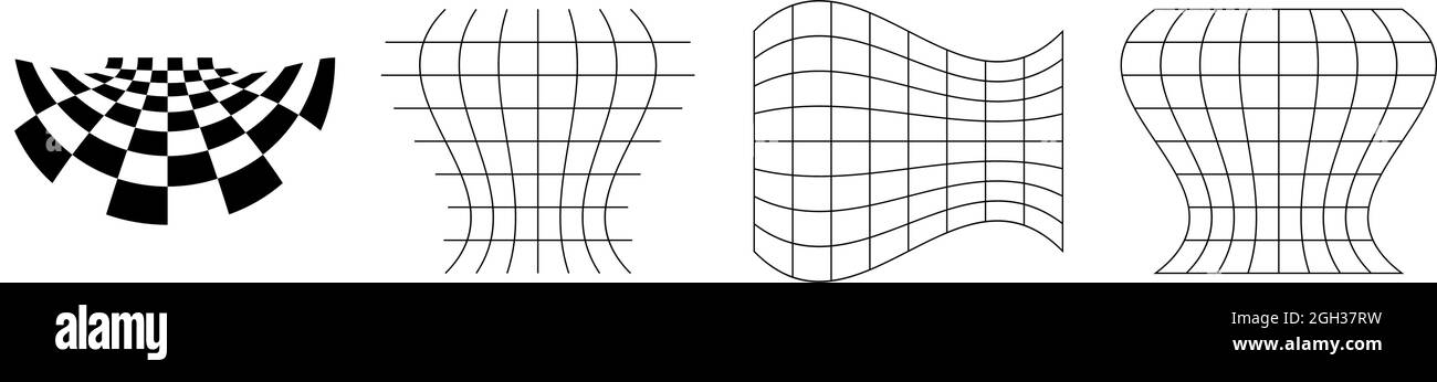 Verzerrte, verformte Raster, Netze, Schachbretter. Abstrakte Verkrümmung, Verzerrungsverzerrung, Deformationseffekt-Designelemente – Stock-Vektor-Illustration, cli Stock Vektor