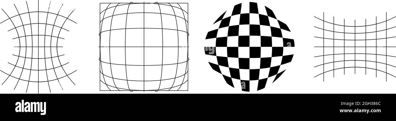 Verzerrte, verformte Raster, Netze, Schachbretter. Abstrakte Verkrümmung, Verzerrungsverzerrung, Deformationseffekt-Designelemente – Stock-Vektor-Illustration, cli Stock Vektor