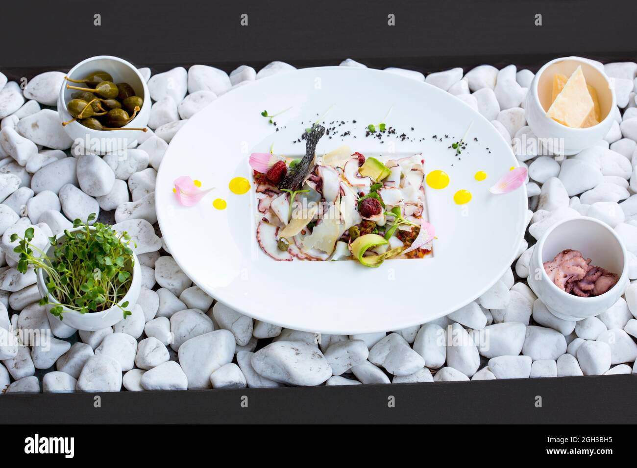 Salat aus Avocado mit Oktopus und Parmesan. Stockfoto