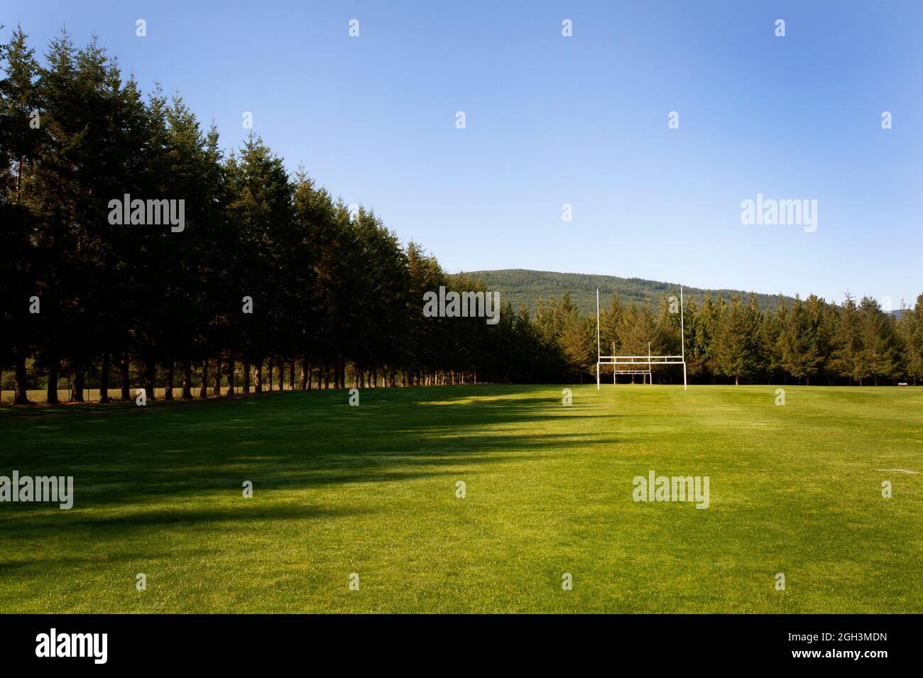 Leeres Feld mit Fußballstützen. Stockfoto