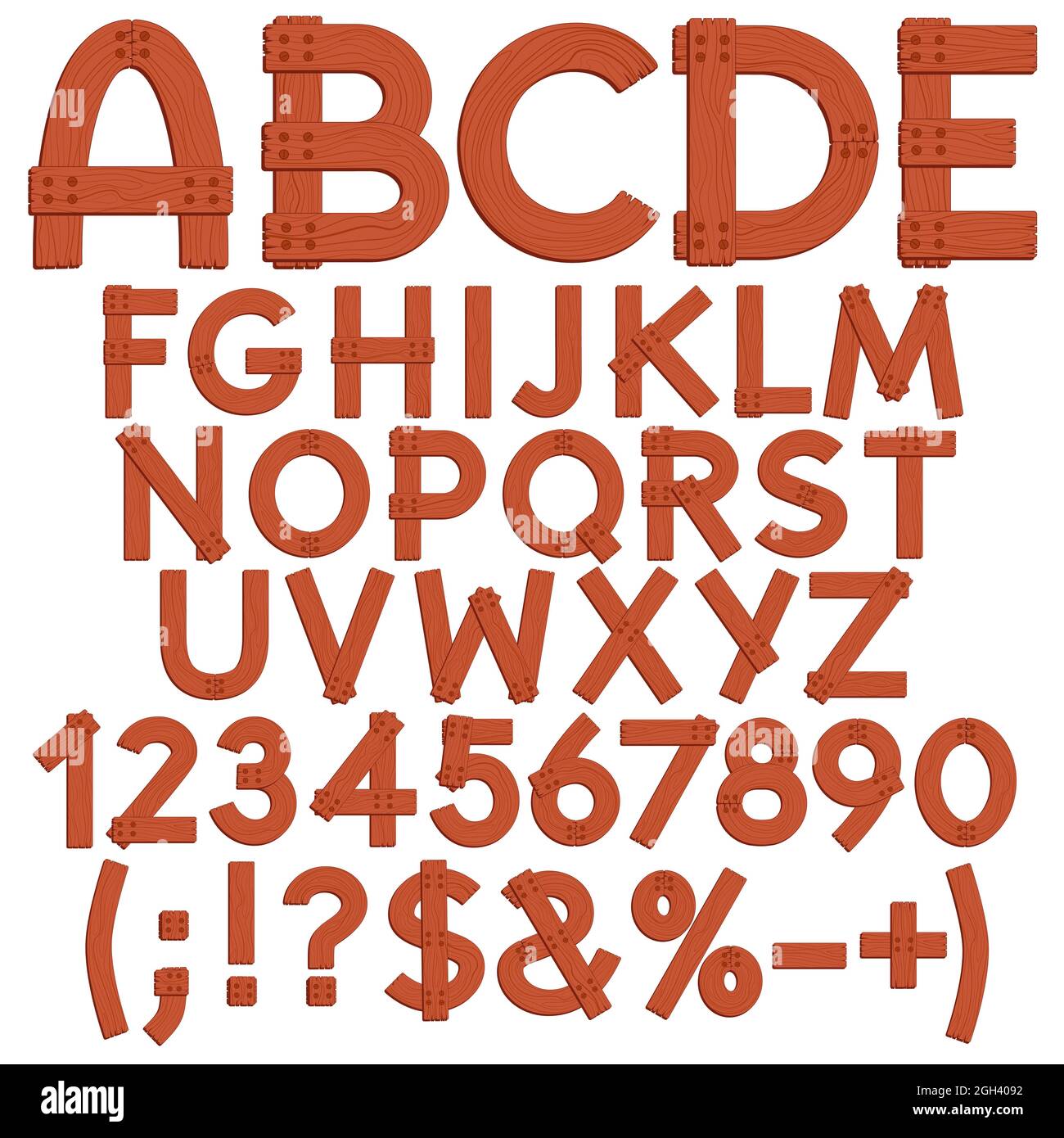 Alphabet, Buchstaben, Zahlen und Zeichen aus Holzbrettern. Isolierte