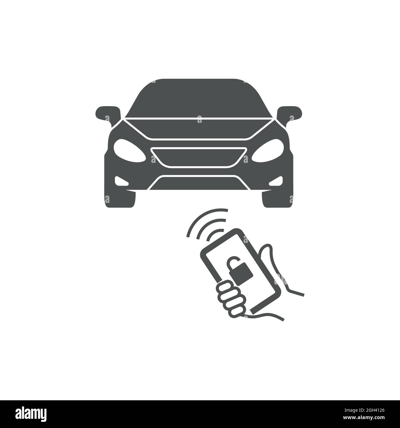Sperren des Autos über eine mobile Anwendung auf einem Smartphone. Konzept der Fernsteuerung und des Autoschutzes über das Internet. Fernbedienung. EPS 10 Stock Vektor