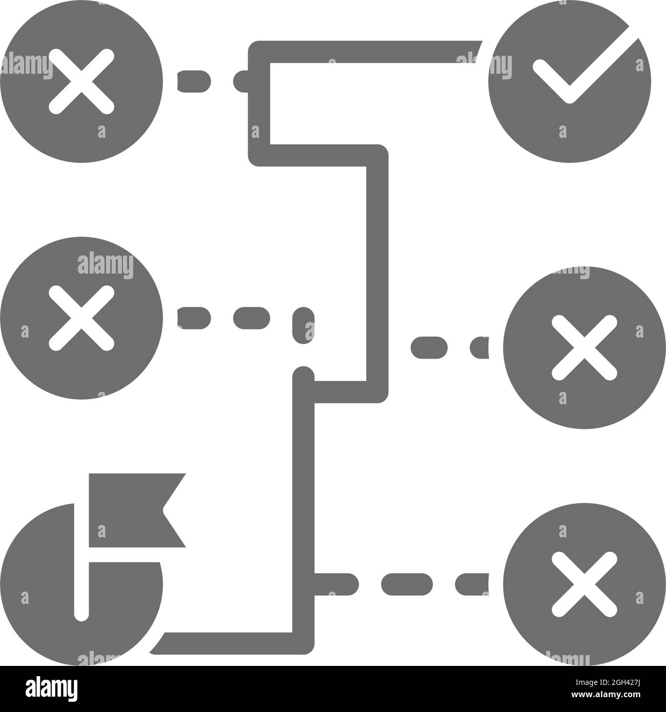 Richtige Lösung, Labyrinth, Algorithmus, Codierungsblockschemata graues Symbol. Stock Vektor