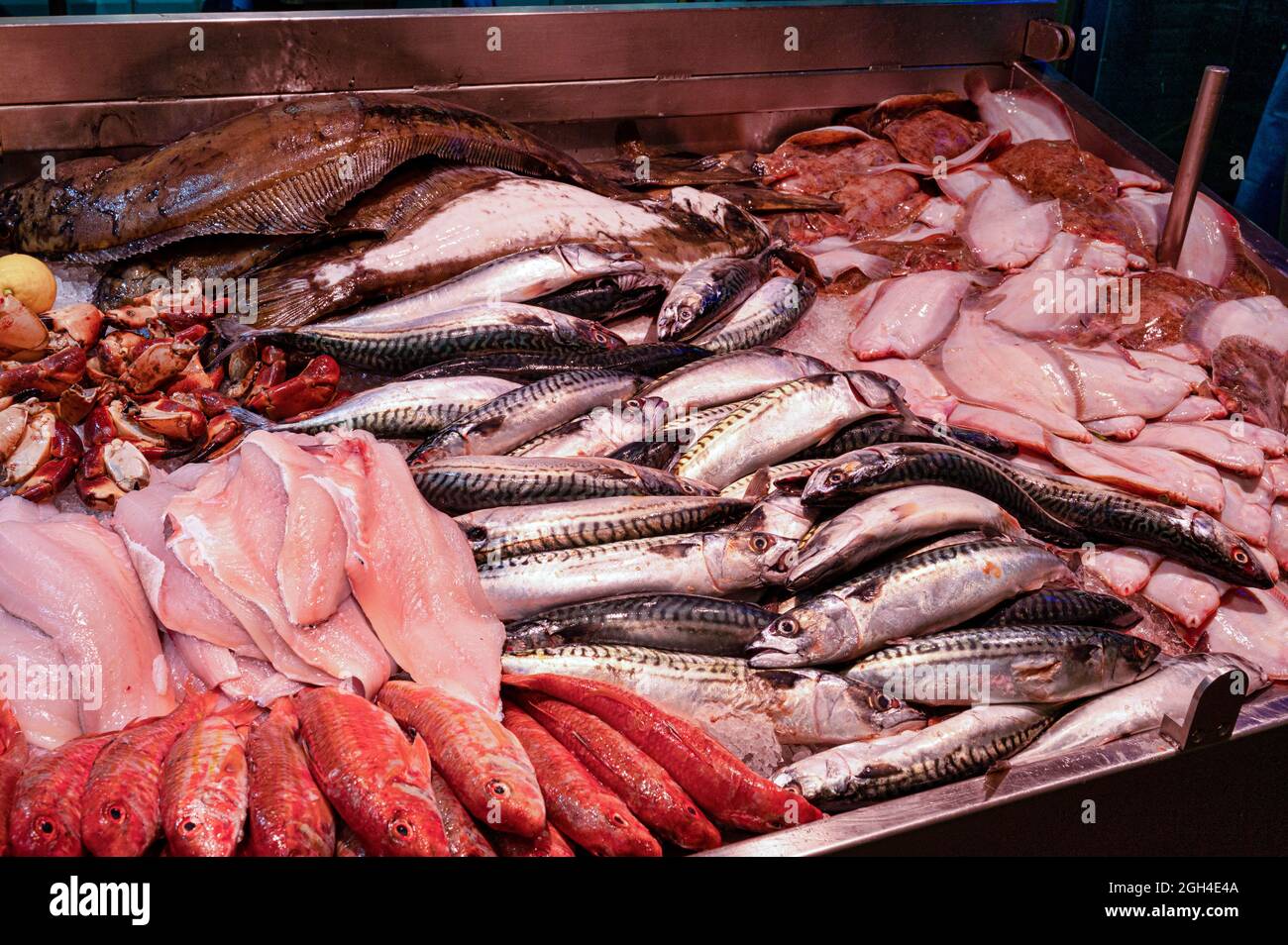 Fisch und Meeresfrüchte werden an einem Marktstand in Irland ausgestellt Stockfoto